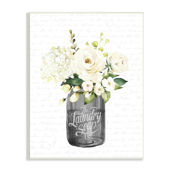 Stupell Industries White Flower Blossoms Laundry Jar Fancy Script Graphic Art Unframed Art Print Wall Art, Design by Lettered and Lined