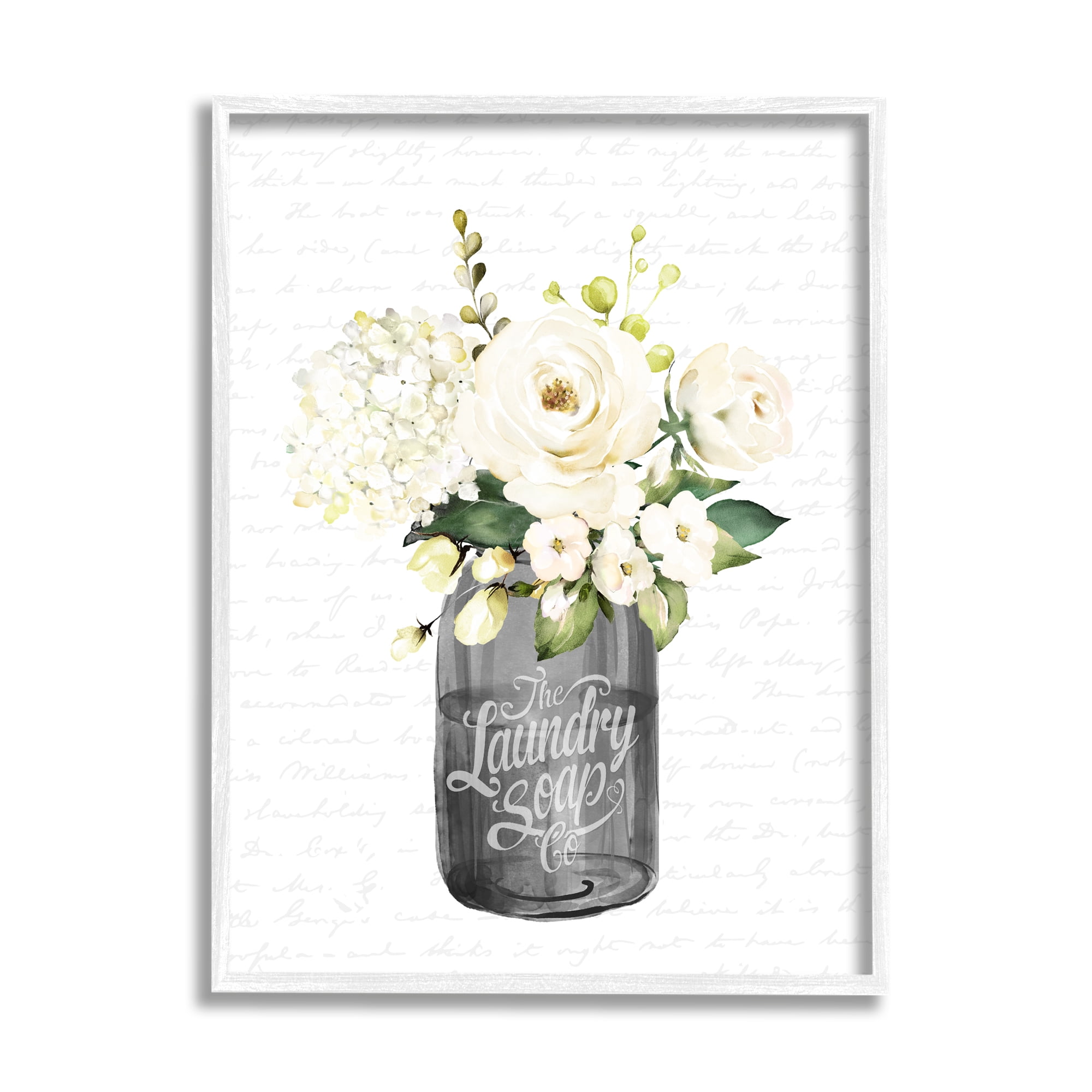 Stupell Industries White Flower Blossoms Laundry Jar Fancy Script Graphic Art White Framed Art Print Wall Art, Design by Lettered and Lined