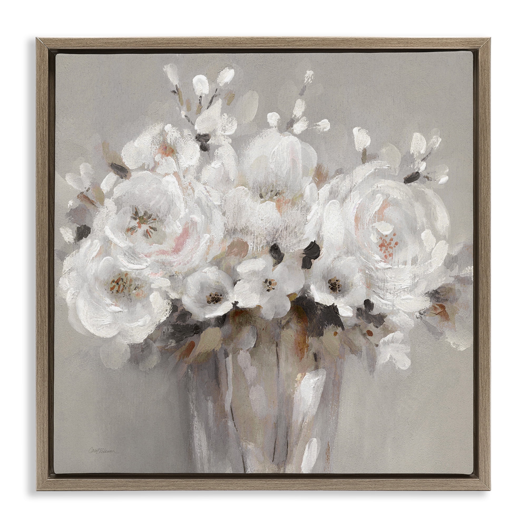 Stupell Industries White Flower Bunches Botanical & Floral Painting Brown Floater Framed Canvas Art Print Wall Art, 18 x 18
