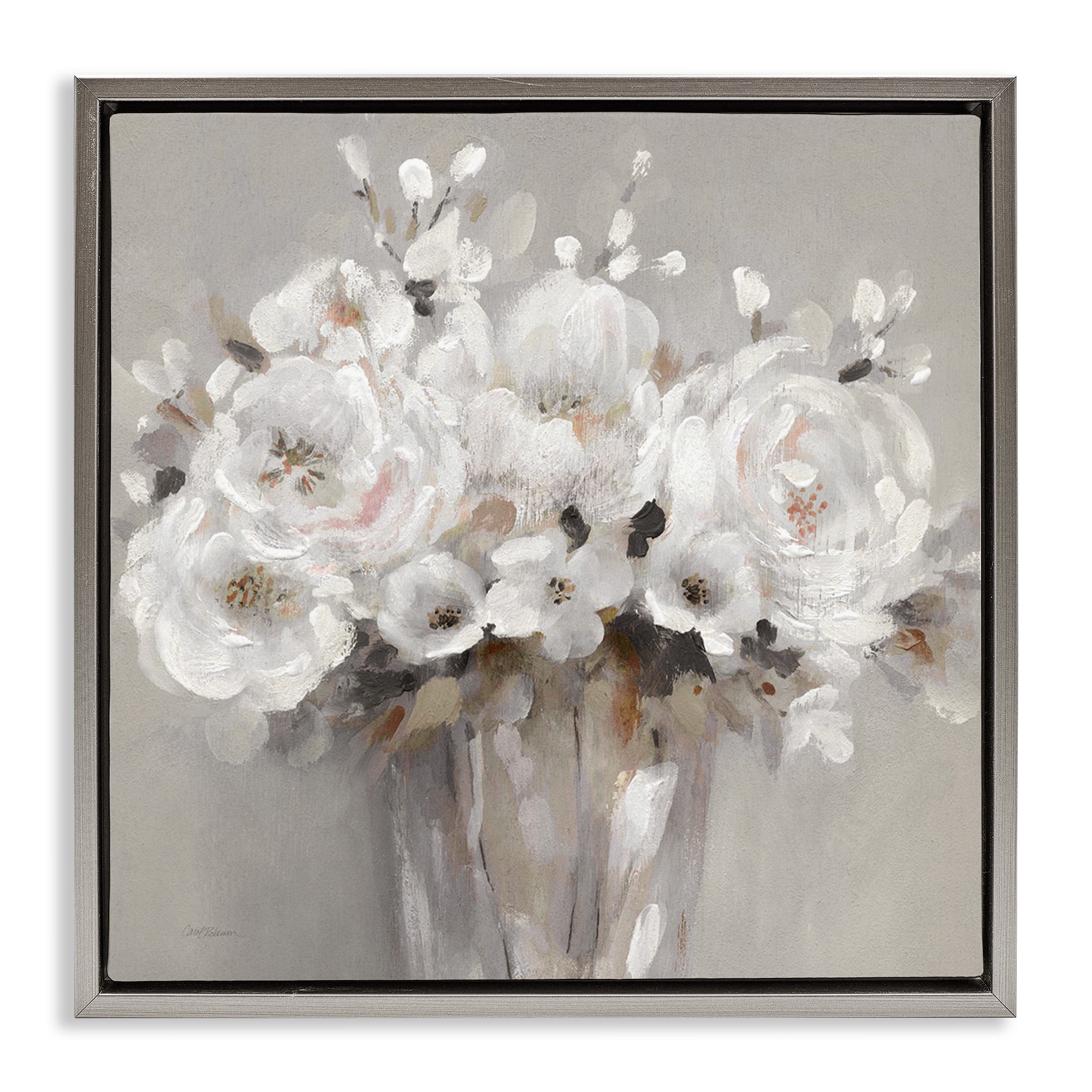 Stupell Industries White Flower Bunches Botanical & Floral Painting Gray Floater Framed Canvas Art Print Wall Art, 25 x 25