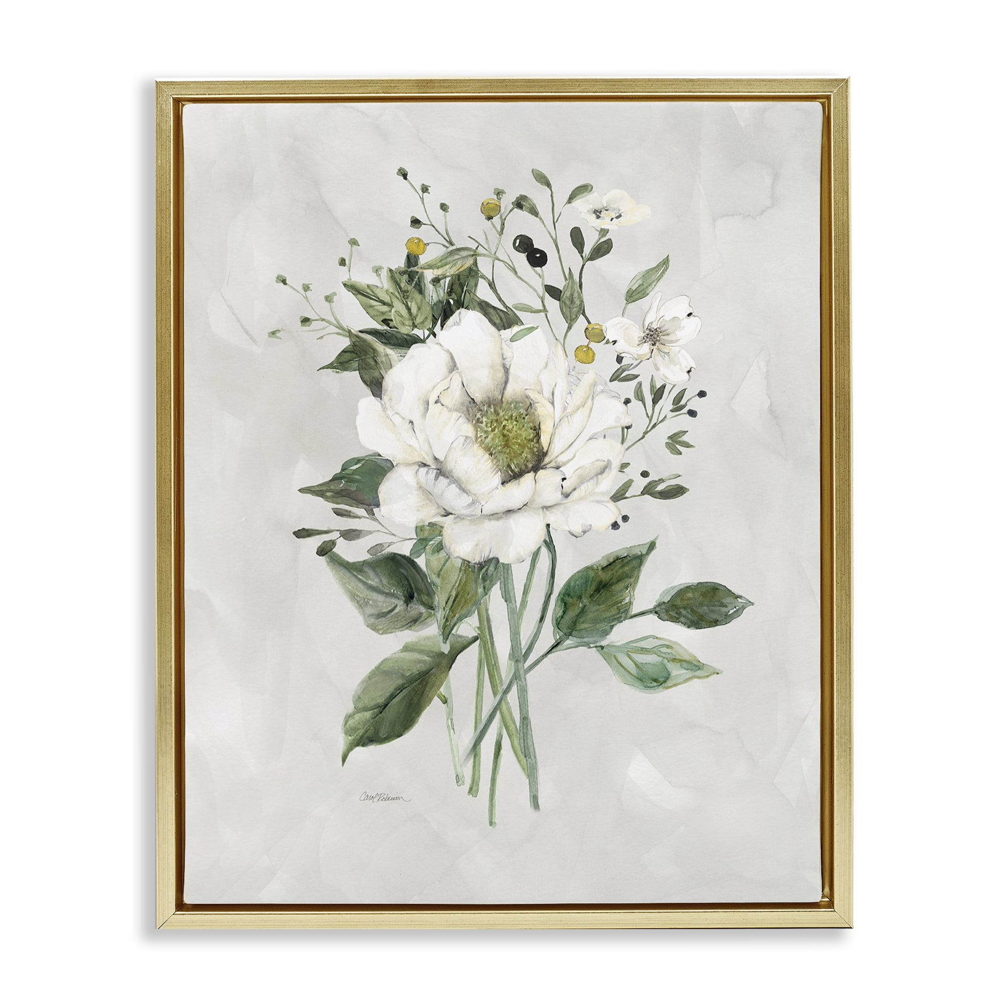 Stupell Industries White Flower Bundle Plants & Flowers Painting Gold Floater Framed Canvas Art Print Wall Art, 25 x 31