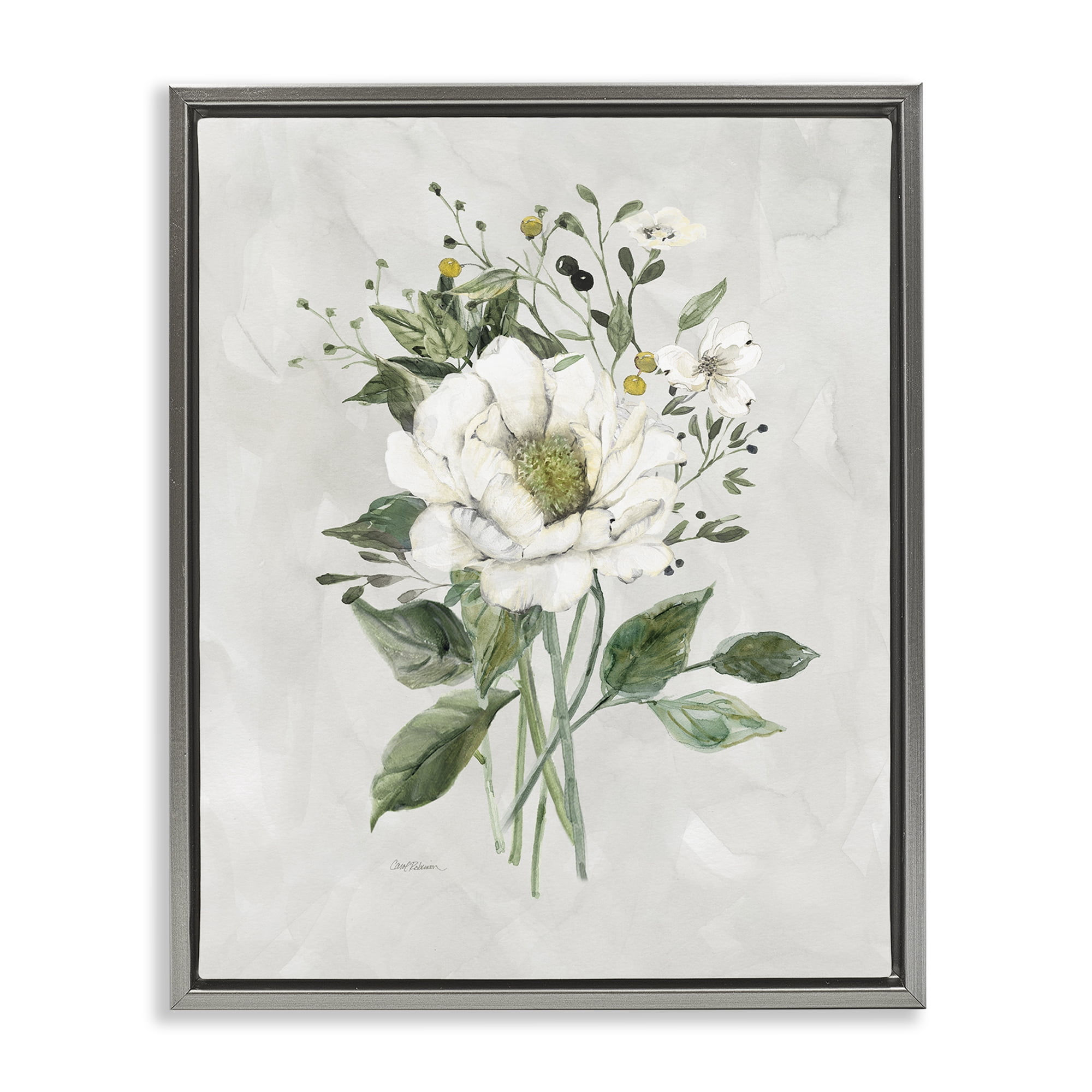 Stupell Industries White Flower Bundle Plants & Flowers Painting Gray Floater Framed Canvas Art Print Wall Art, 17 x 21