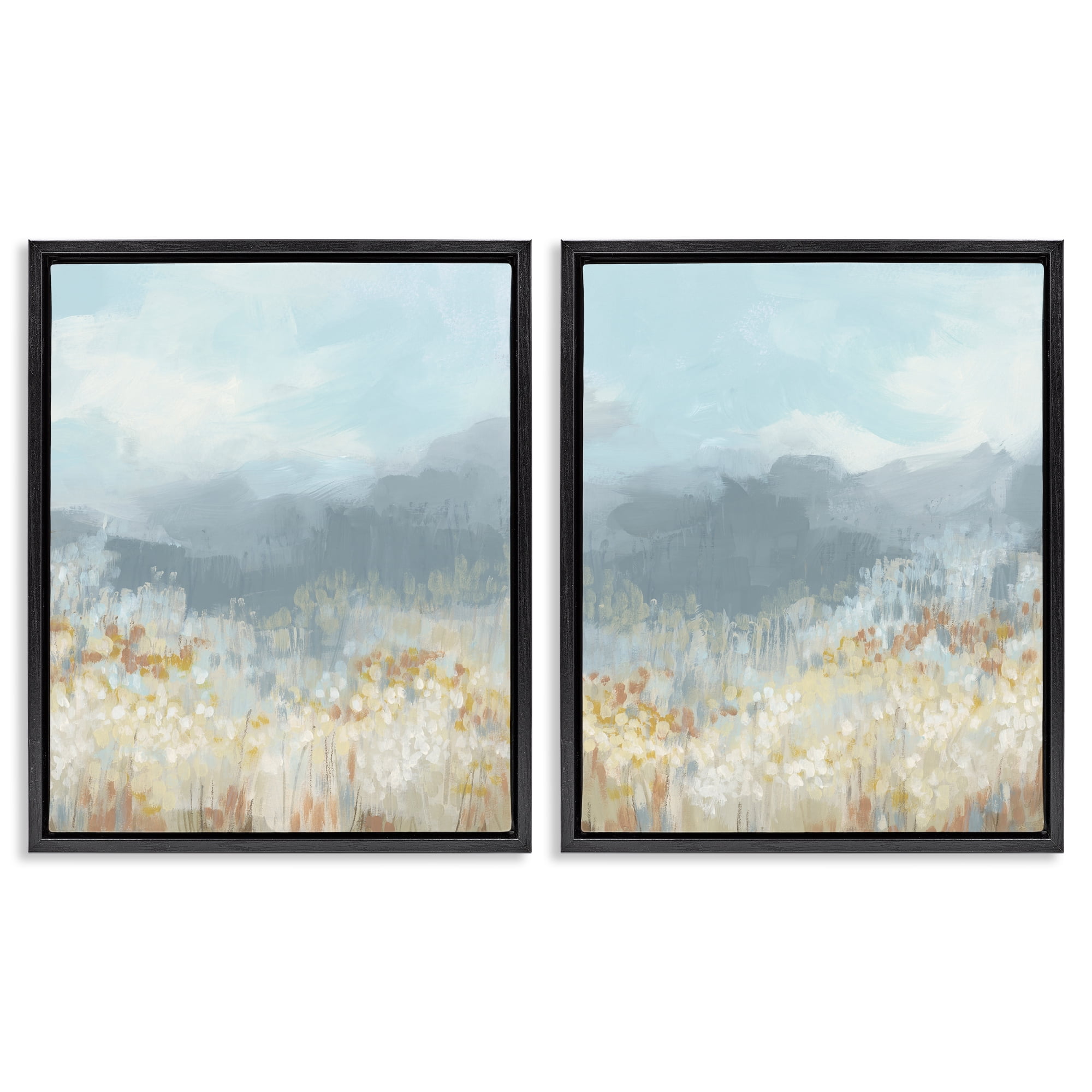 Stupell Industries White Flower Field Mountains Landscape & Nature Painting Black Floater Framed Canvas Art Print Wall Art, 17 x 21, Set of 2
