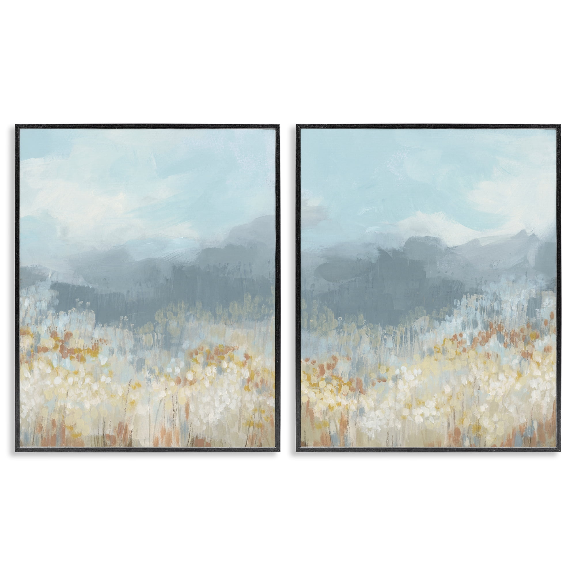 Stupell Industries White Flower Field Mountains Landscape & Nature Painting Black Framed Art Print Wall Art, 16 x 20, Set of 2