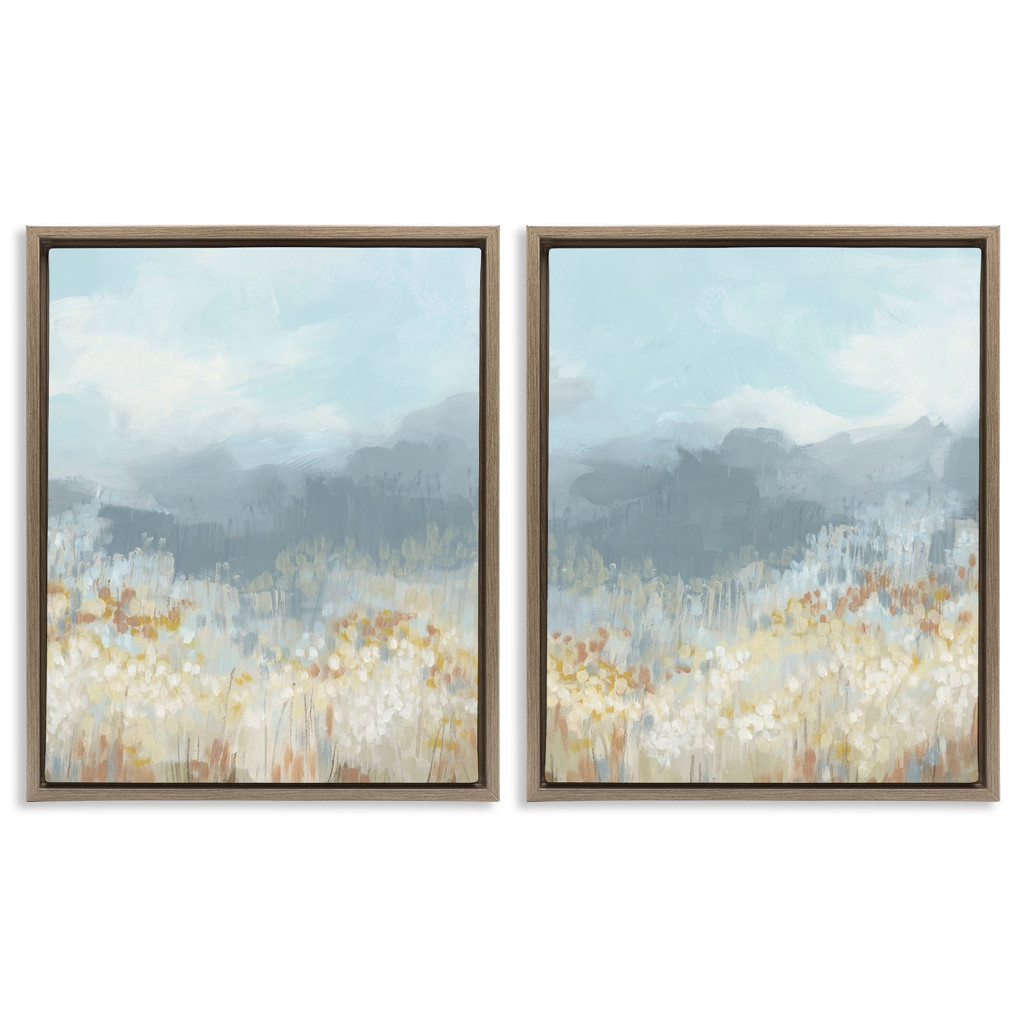 Stupell Industries White Flower Field Mountains Landscape & Nature Painting Brown Floater Framed Canvas Art Print Wall Art, 17 x 21, Set of 2