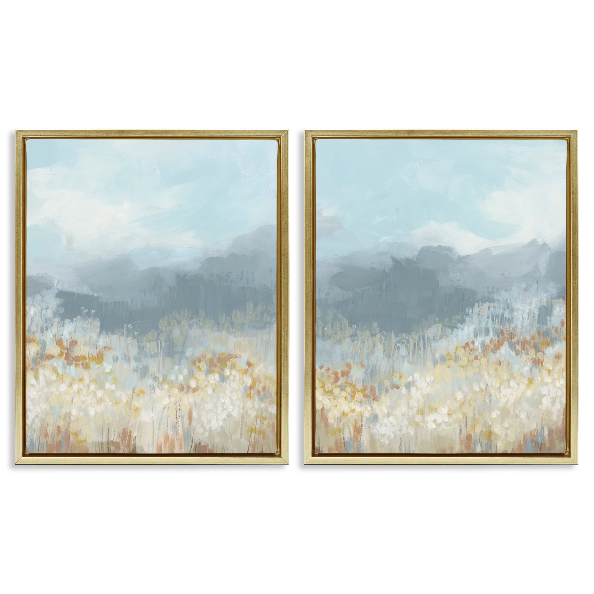 Stupell Industries White Flower Field Mountains Landscape & Nature Painting Gold Floater Framed Canvas Art Print Wall Art, 31 x 25, Set of 2
