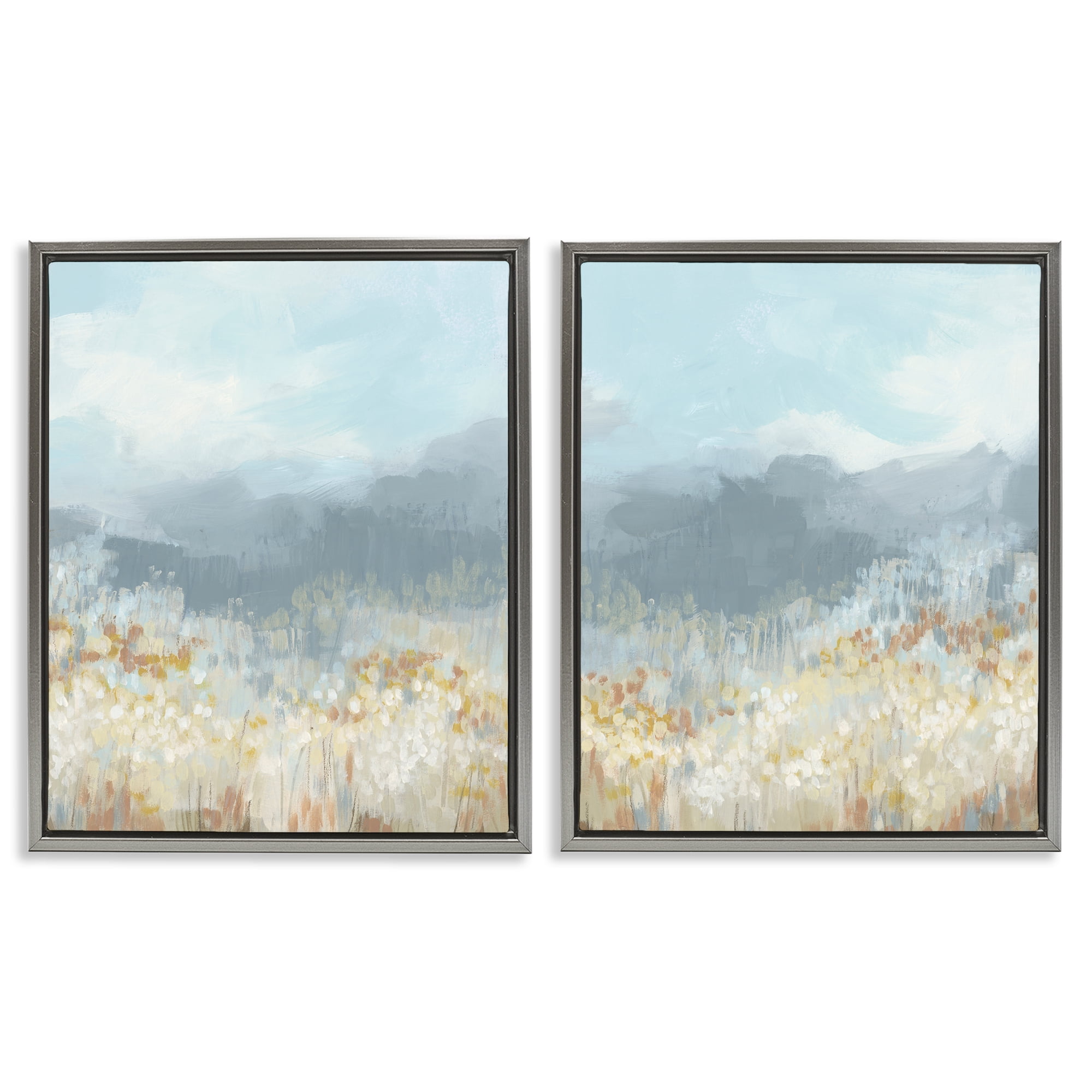 Stupell Industries White Flower Field Mountains Landscape & Nature Painting Gray Floater Framed Canvas Art Print Wall Art, 17 x 21, Set of 2