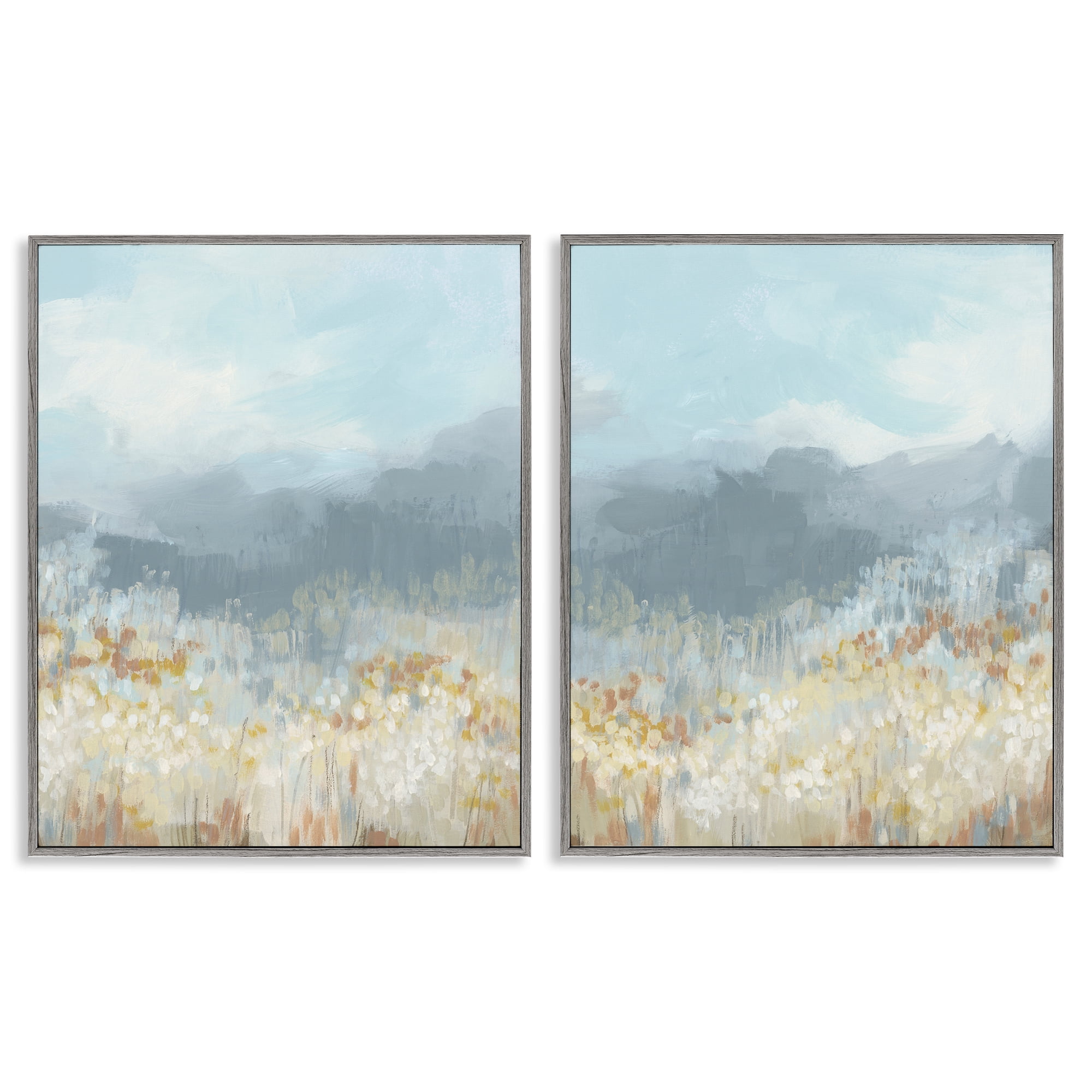 Stupell Industries White Flower Field Mountains Landscape & Nature Painting Gray Framed Art Print Wall Art, 24 x 30, Set of 2