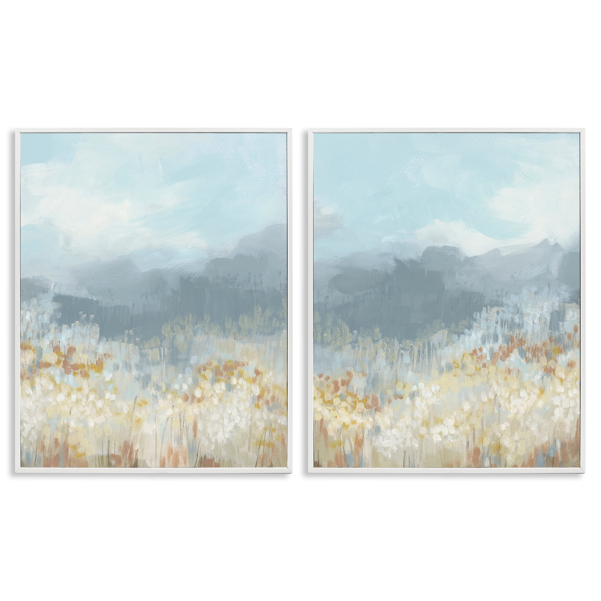 Stupell Industries White Flower Field Mountains Landscape & Nature Painting White Framed Art Print Wall Art, 24 x 30, Set of 2