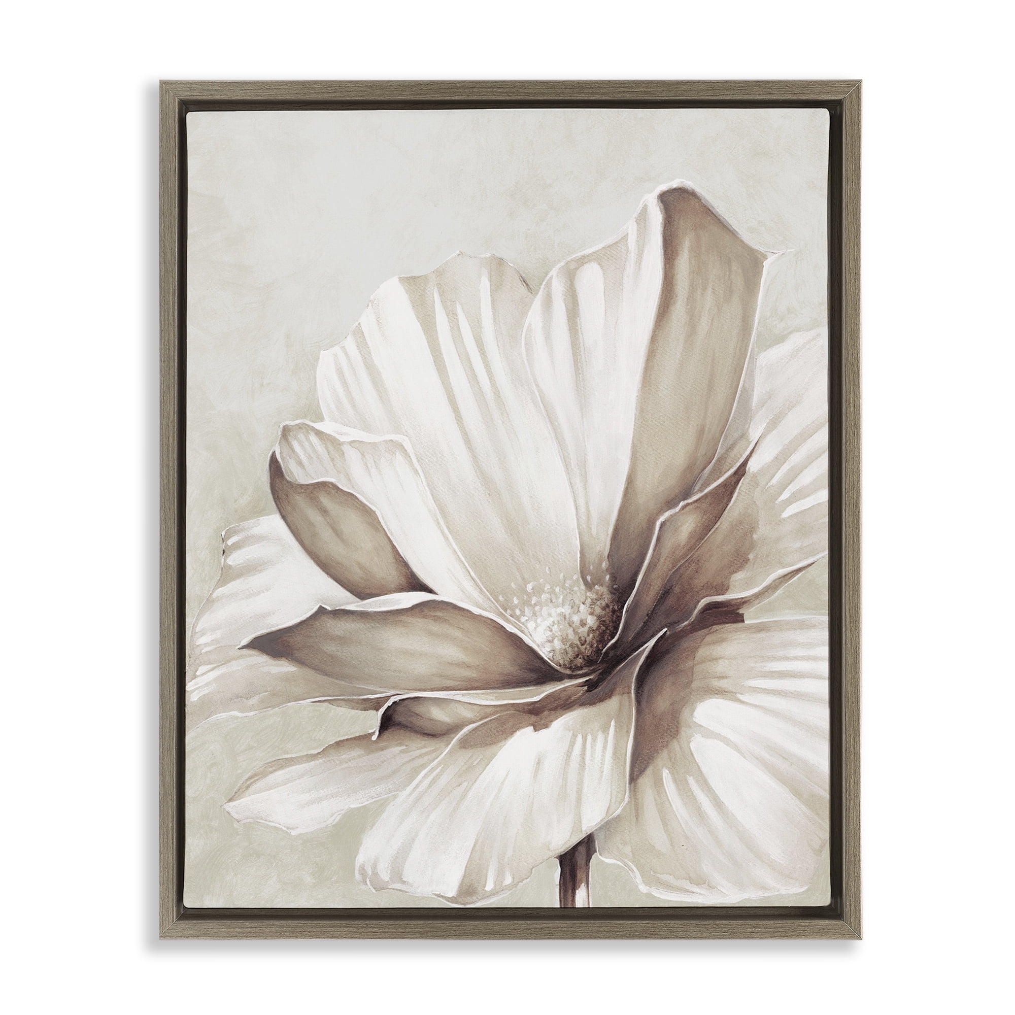Stupell Industries White Flower Petals Botanical & Floral Painting Brown Floater Framed Art Print Wall Art, 17 x 21