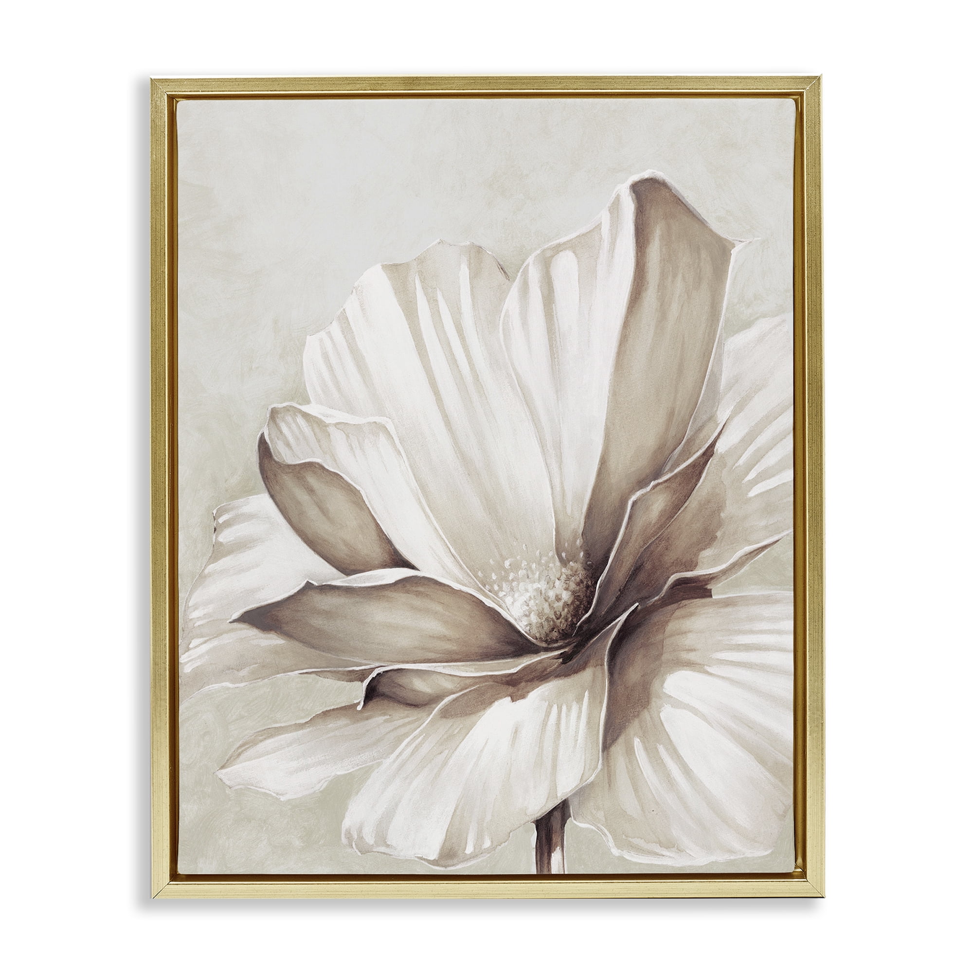 Stupell Industries White Flower Petals Botanical & Floral Painting Gold Floater Framed Art Print Wall Art, 17 x 21