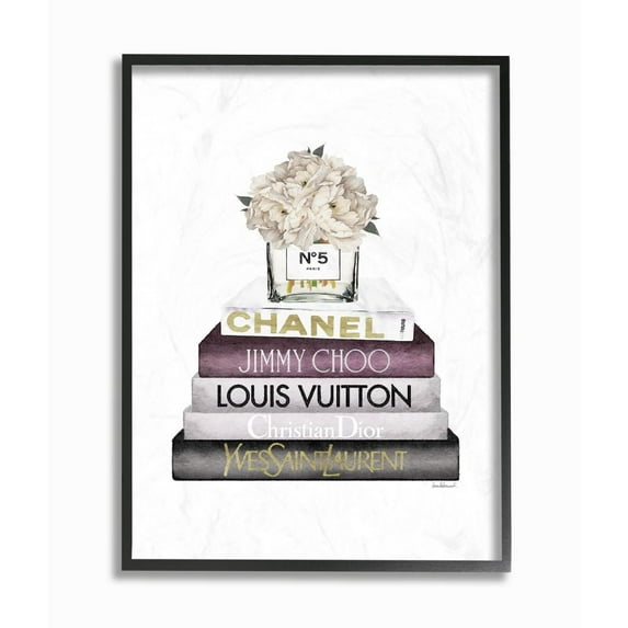 Stupell Industries White Flower Pink Gold Bookstack Glam Fashion Design Framed Wall Art by Amanda Greenwood