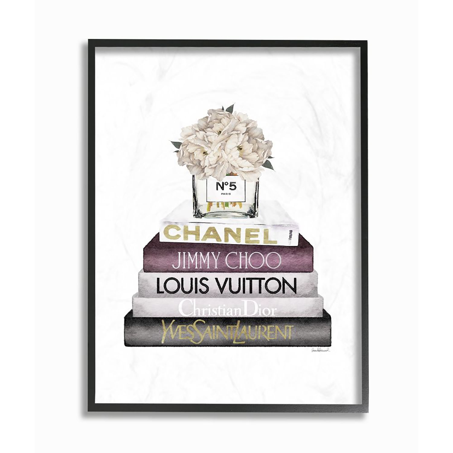 Stupell Industries White Flower Pink Gold Bookstack Glam Fashion Design Framed Wall Art by Amanda Greenwood