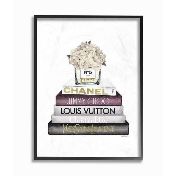 Stupell Industries White Flower Pink Gold Bookstack Glam Fashion Design Framed Wall Art by Amanda Greenwood