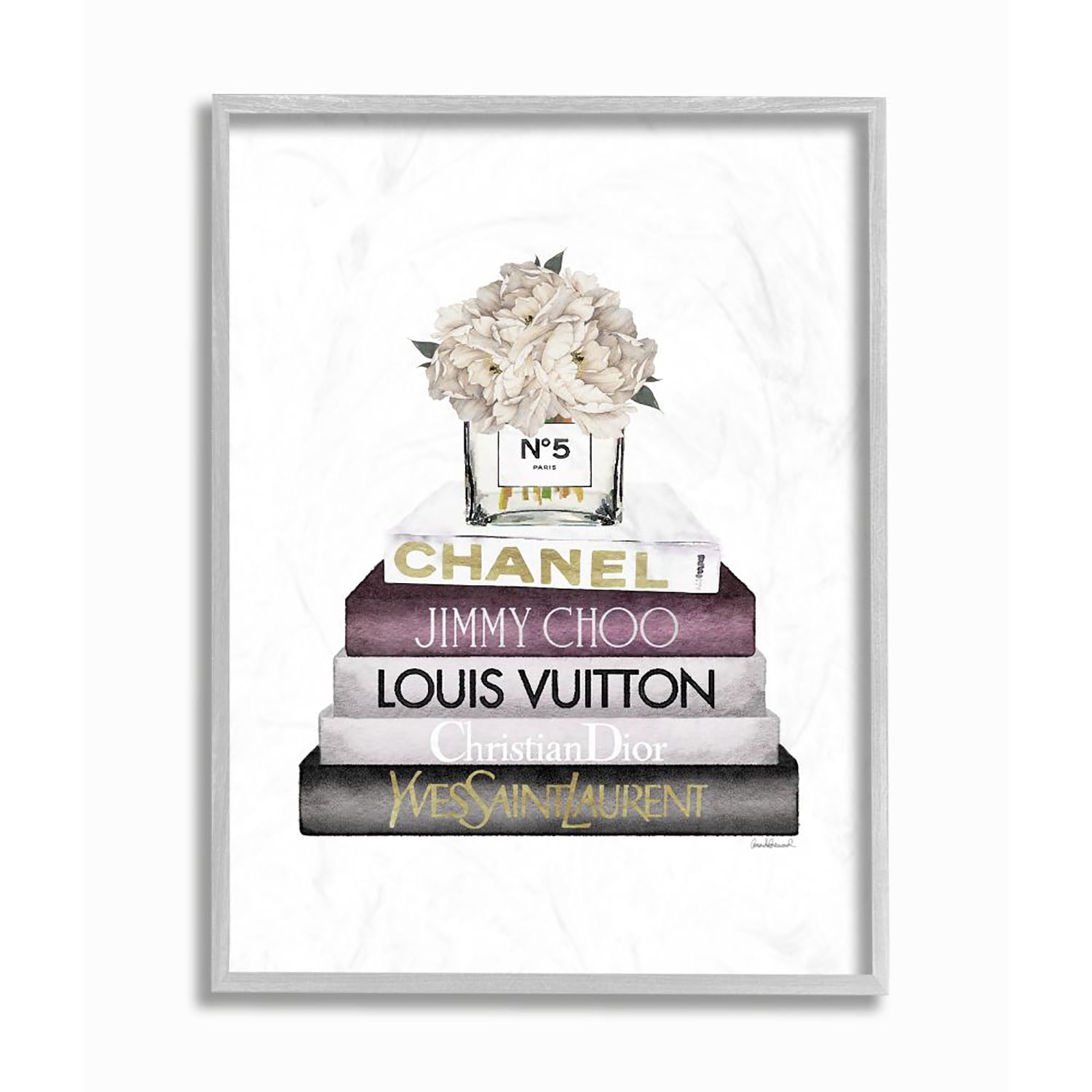 Gray Framed White Flower Print with Gold and Pink Bookstack, 16 x 20