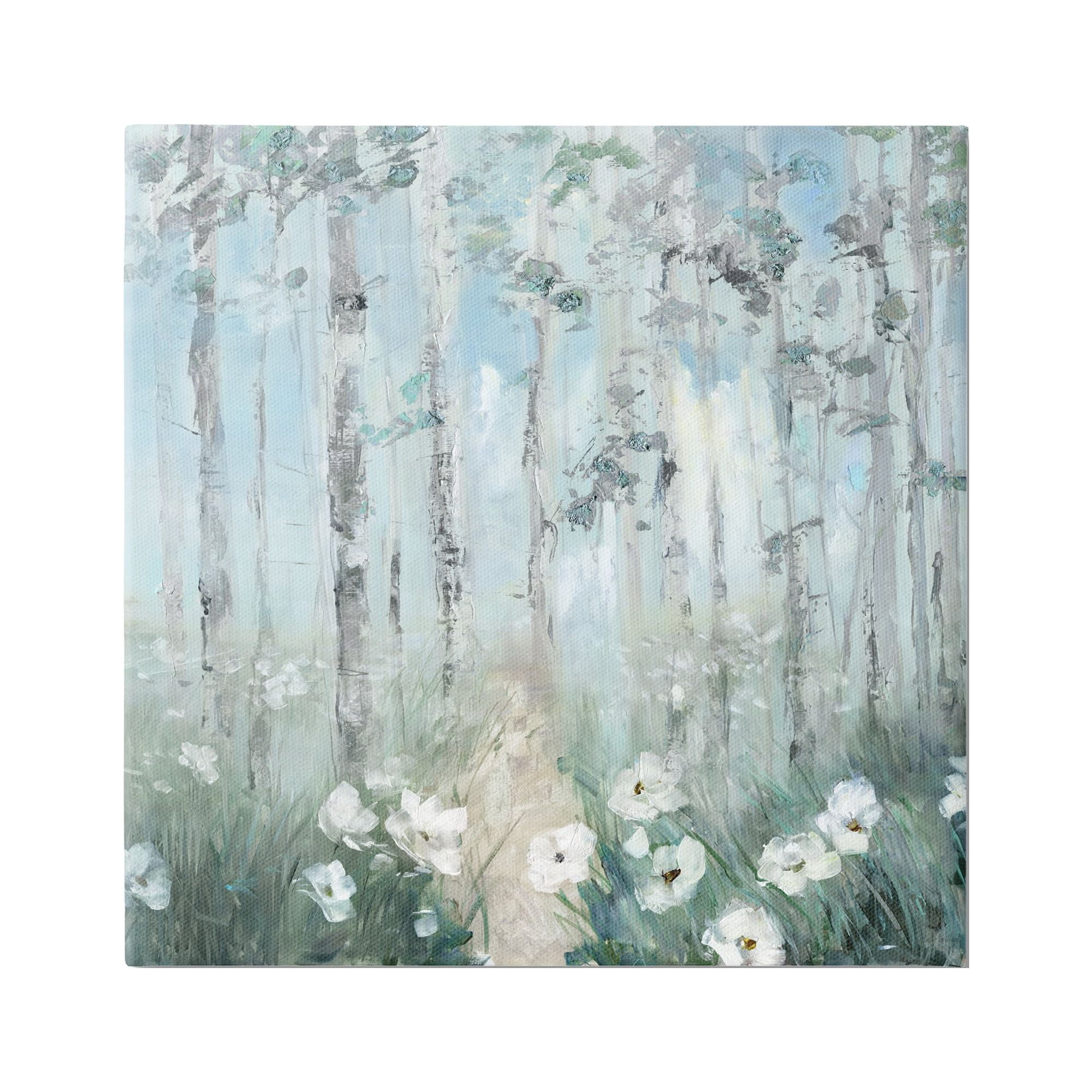 White Flowers Blooming Forest Birch Trees Canvas Wall Art