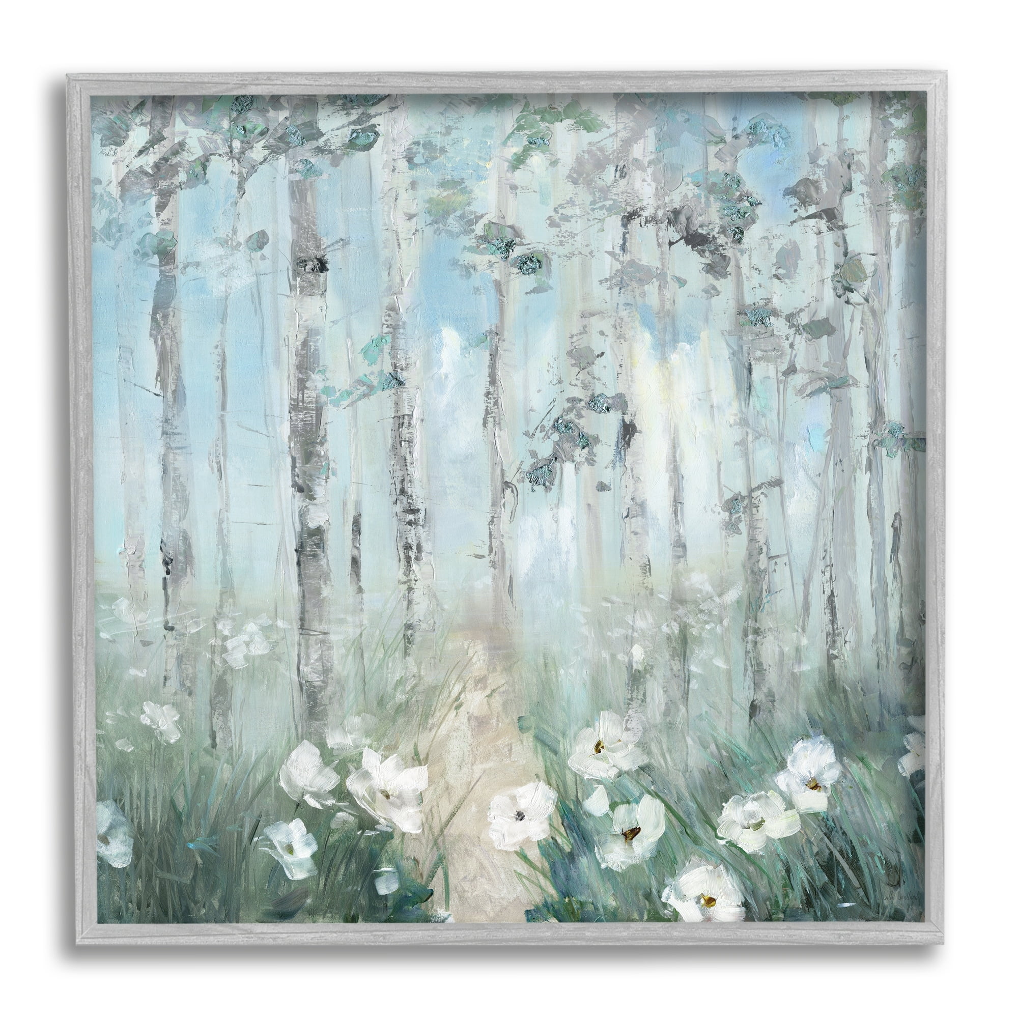 Stupell Industries White Flowers Blooming Forest Birch Trees Scenery Painting Gray Framed Art Print Wall Art, Design by Sally Swatland
