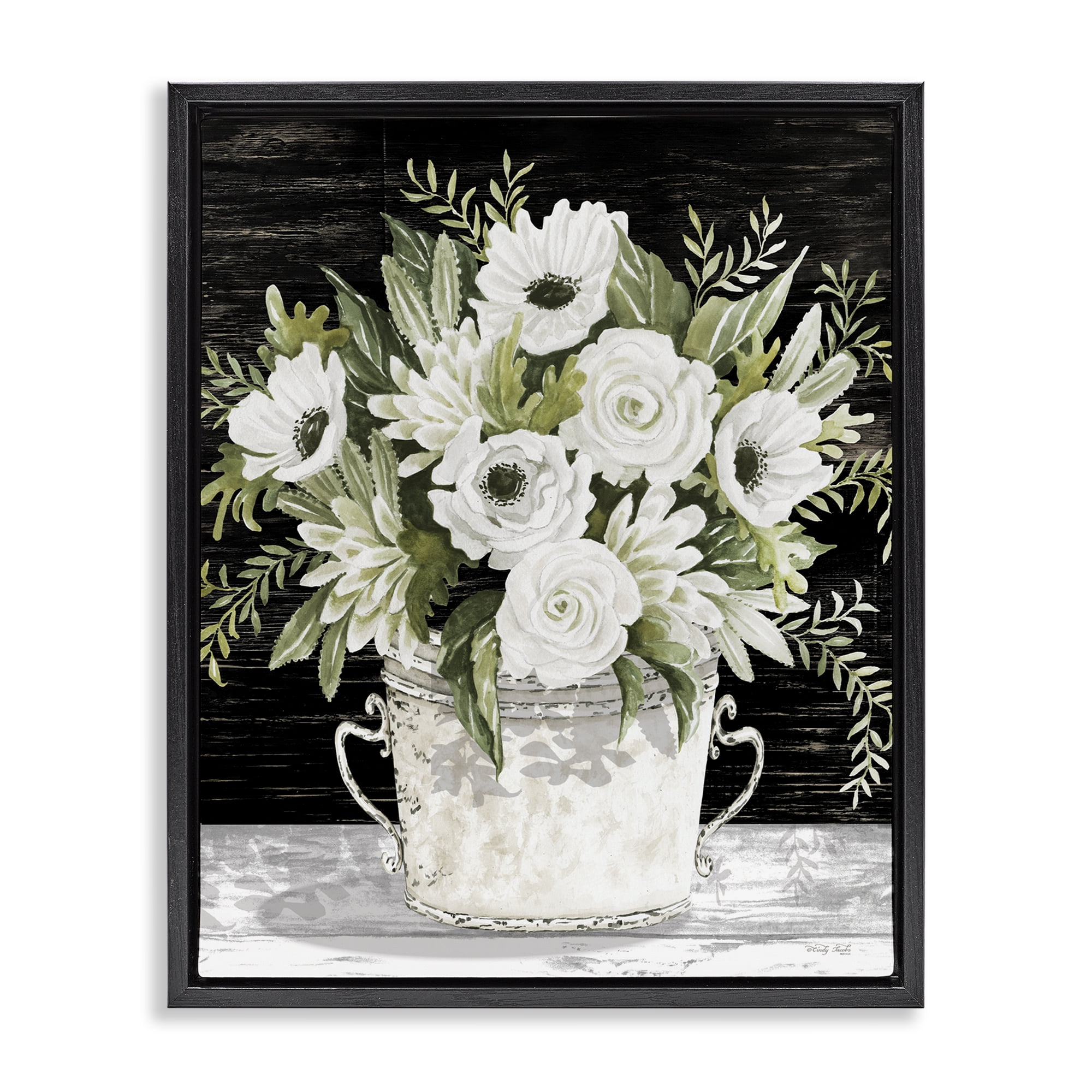 Stupell Industries White Flowers Country Tin Plants & Flowers Painting Black Floater Framed Canvas Art Print Wall Art, 25 x 31