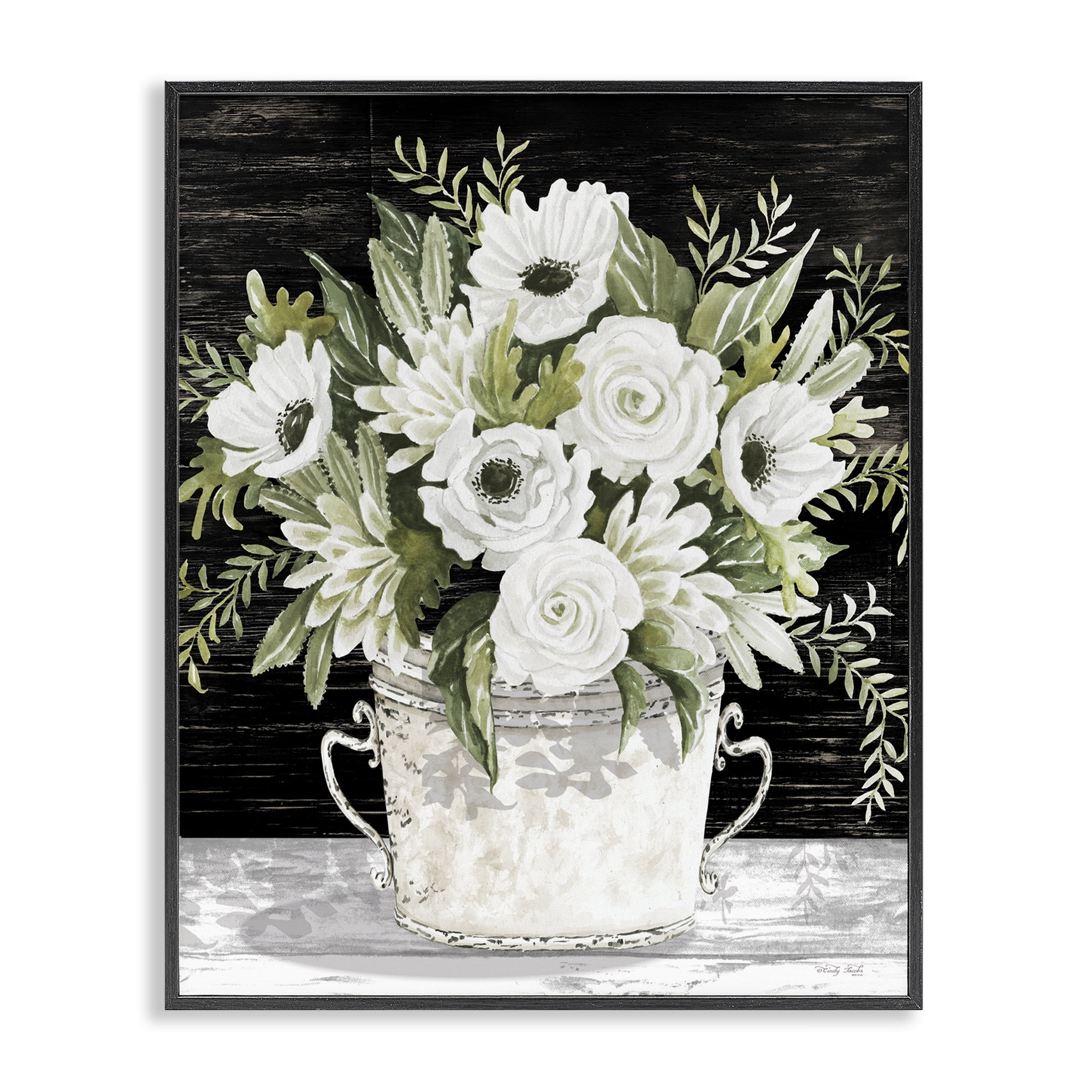 Stupell Industries White Flowers Country Tin Plants & Flowers Painting Black Framed Art Print Wall Art, 24 x 30