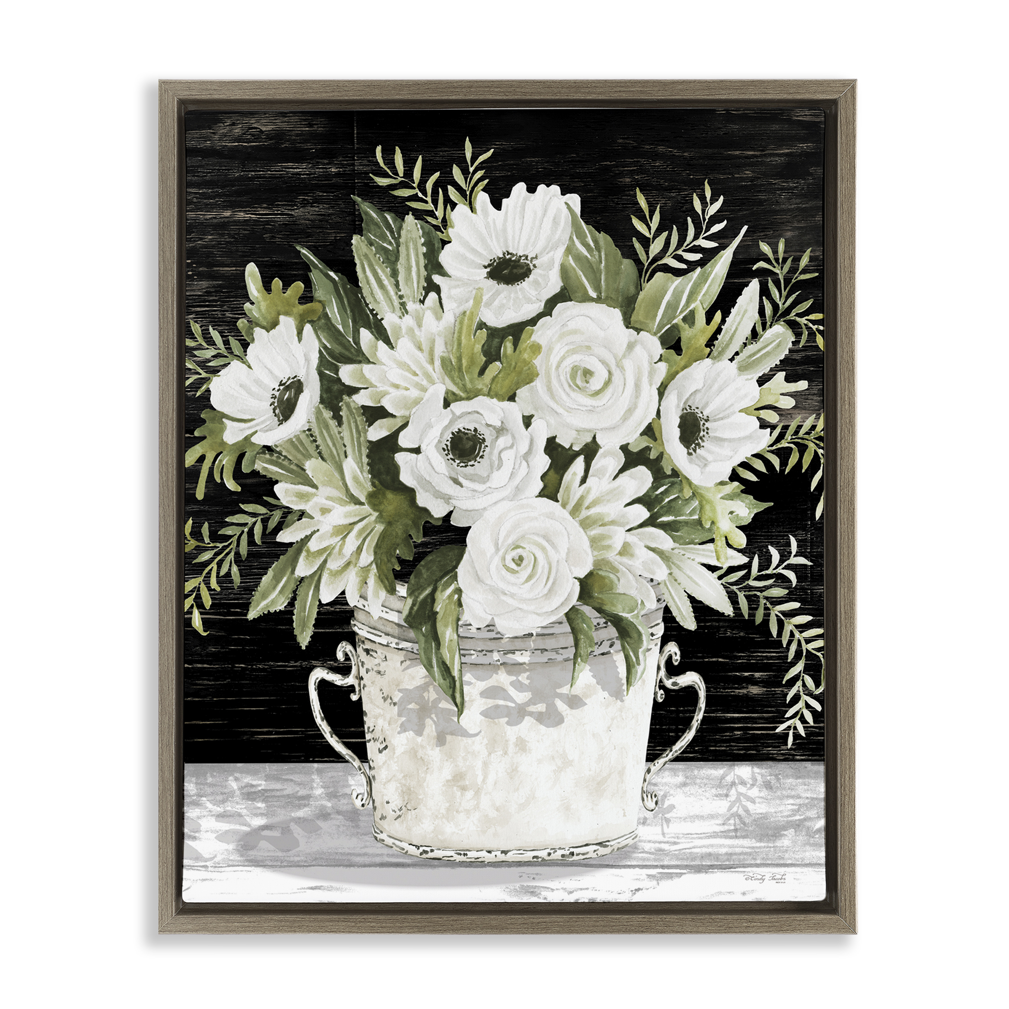 Stupell Industries White Flowers Country Tin Plants & Flowers Painting Brown Floater Framed Canvas Art Print Wall Art, 17 x 21