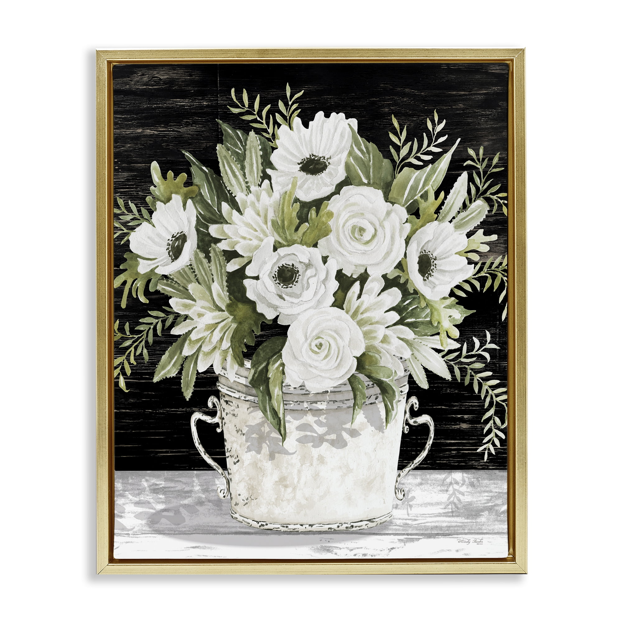 Stupell Industries White Flowers Country Tin Plants & Flowers Painting Gold Floater Framed Canvas Art Print Wall Art, 25 x 31