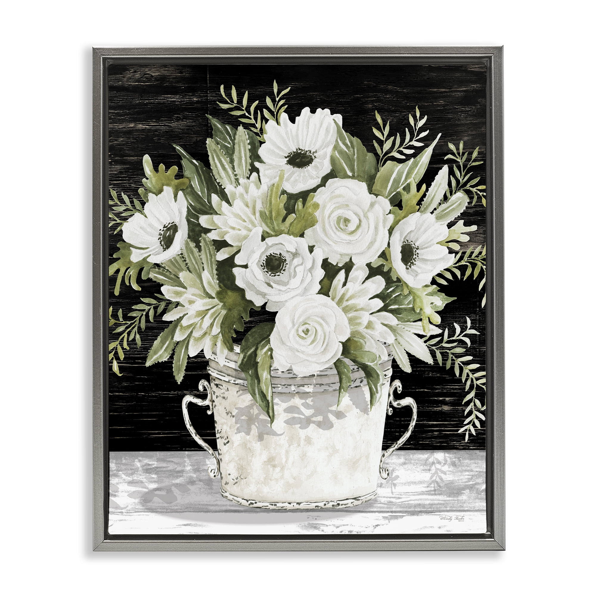 Stupell Industries White Flowers Country Tin Plants & Flowers Painting Gray Floater Framed Canvas Art Print Wall Art, 17 x 21