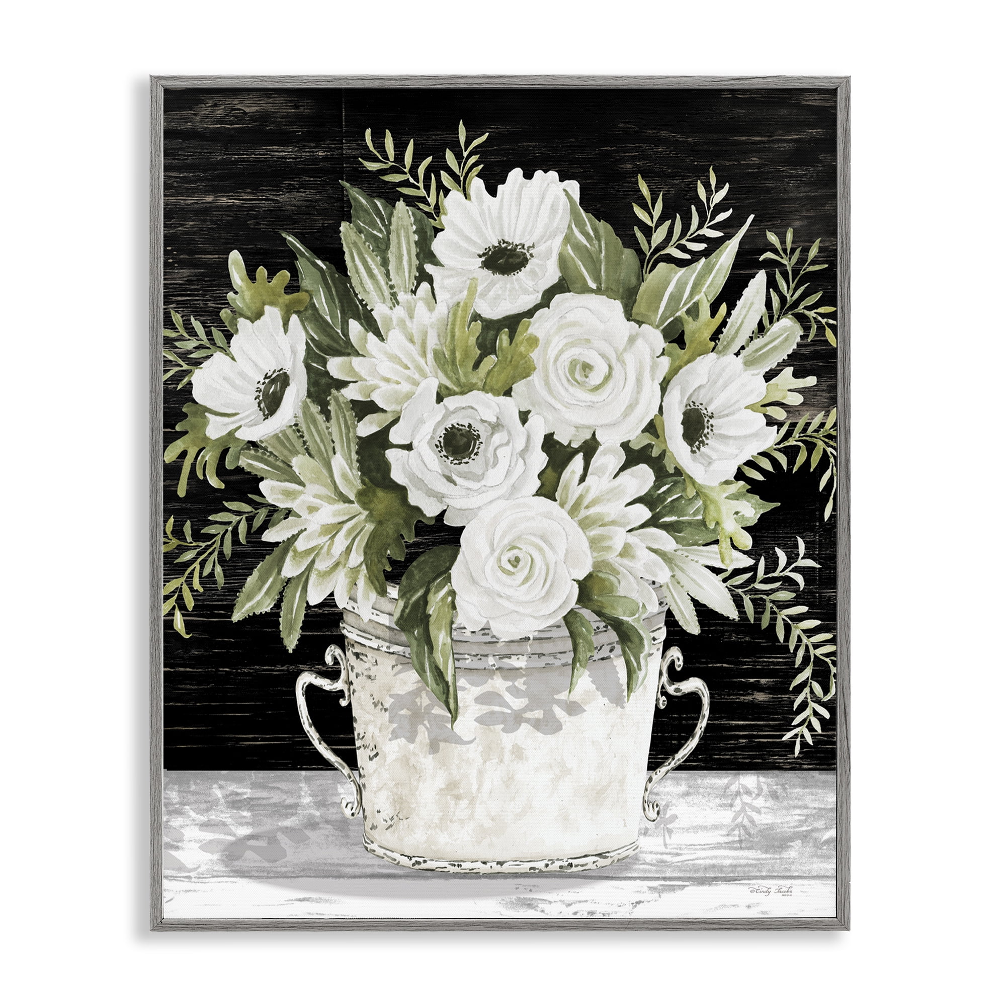 Stupell Industries White Flowers Country Tin Plants & Flowers Painting Gray Framed Art Print Wall Art, 11 x 14