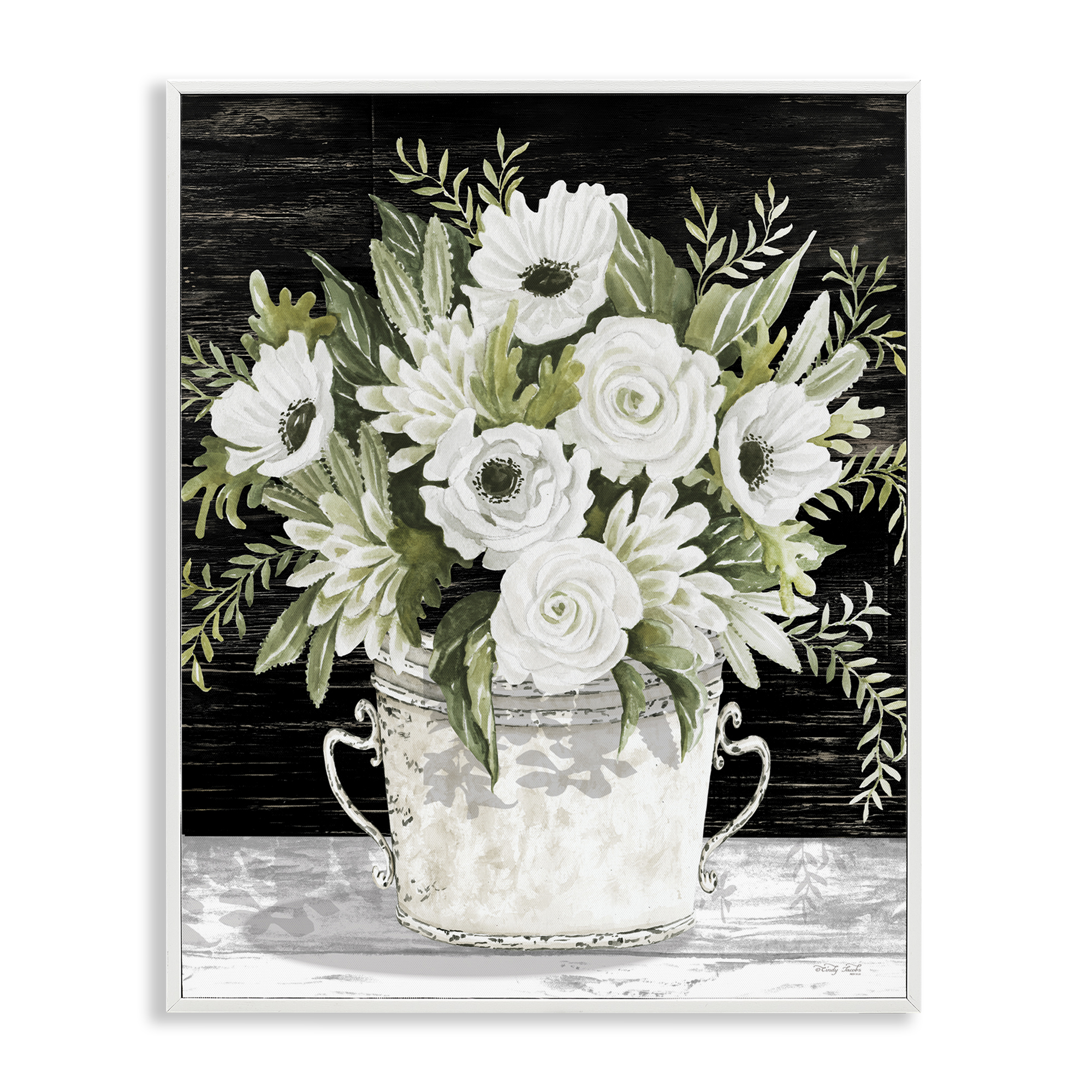 Stupell Industries White Flowers Country Tin Plants & Flowers Painting White Framed Art Print Wall Art, 16 x 20