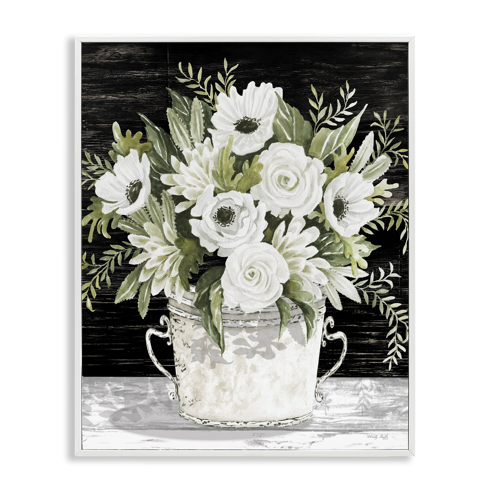 Stupell Industries White Flowers Country Tin Plants & Flowers Painting White Framed Art Print Wall Art, 24 x 30