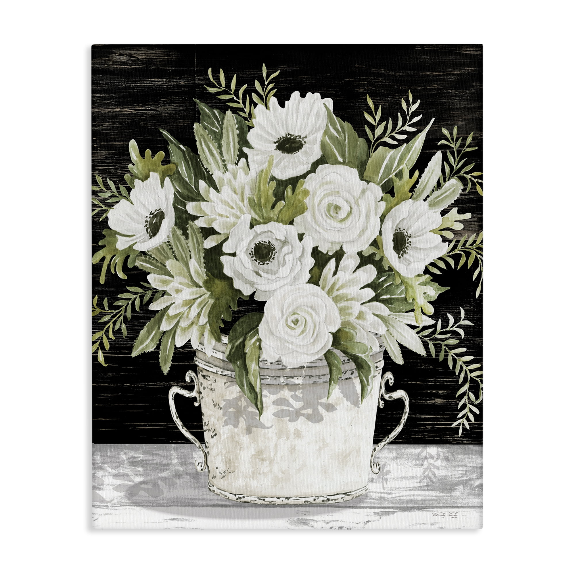 Stupell Industries White Flowers Country Tin Plants & Flowers Painting Wrapped Canvas Art Print Wall Art, 30 x 40