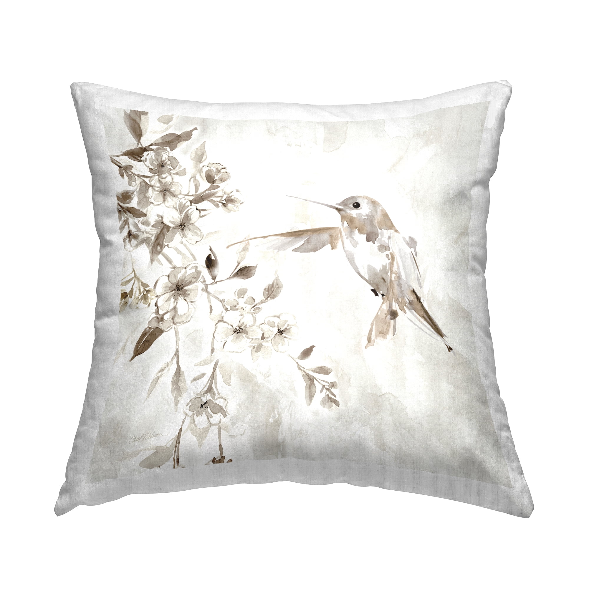 Stupell Industries White Flowers & Hummingbird Square Decorative Printed Throw Pillow, 18 x 18