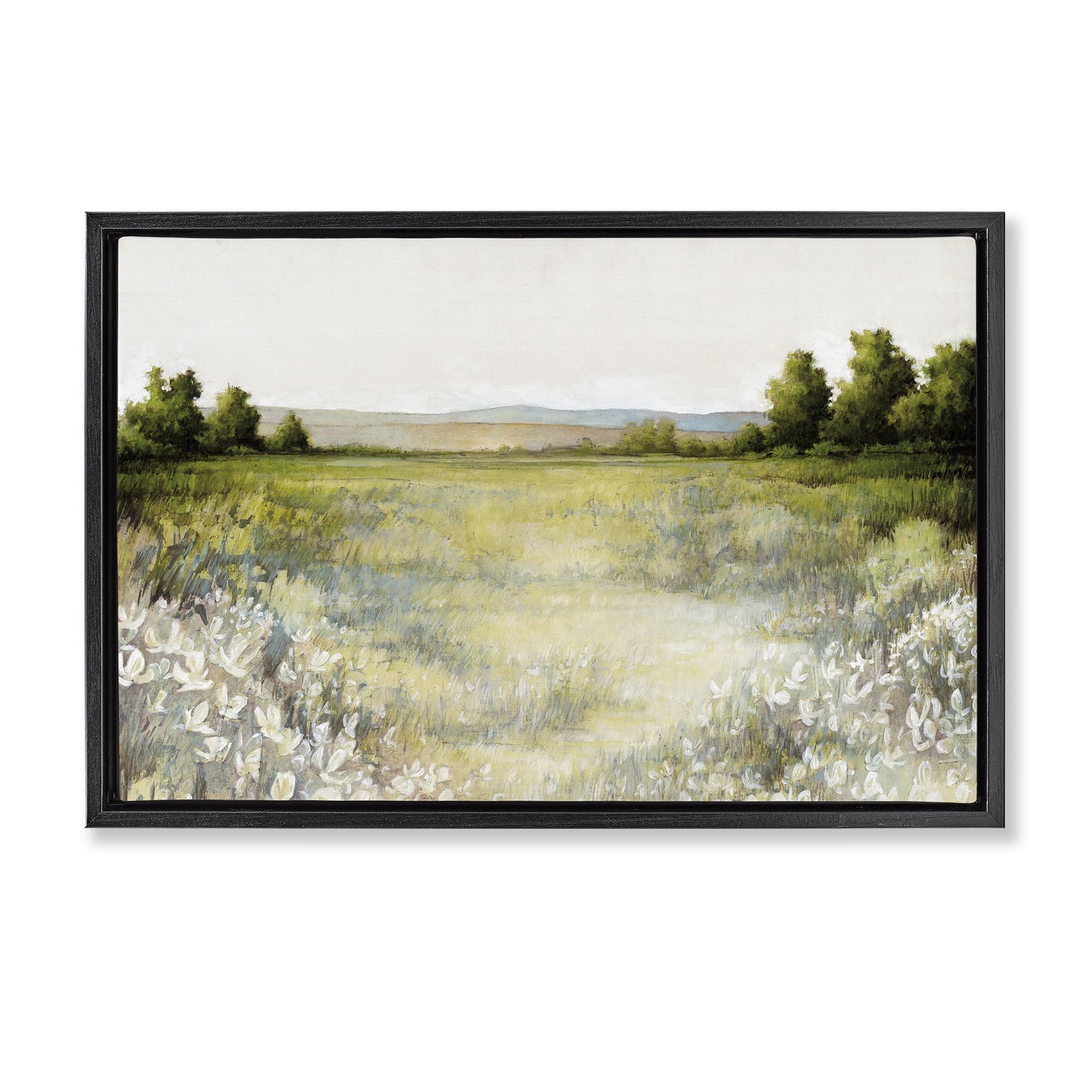 Stupell Industries White Flowers Meadow Landscape & Nature Painting Black Floater Framed Canvas Art Print Wall Art, 31 x 21