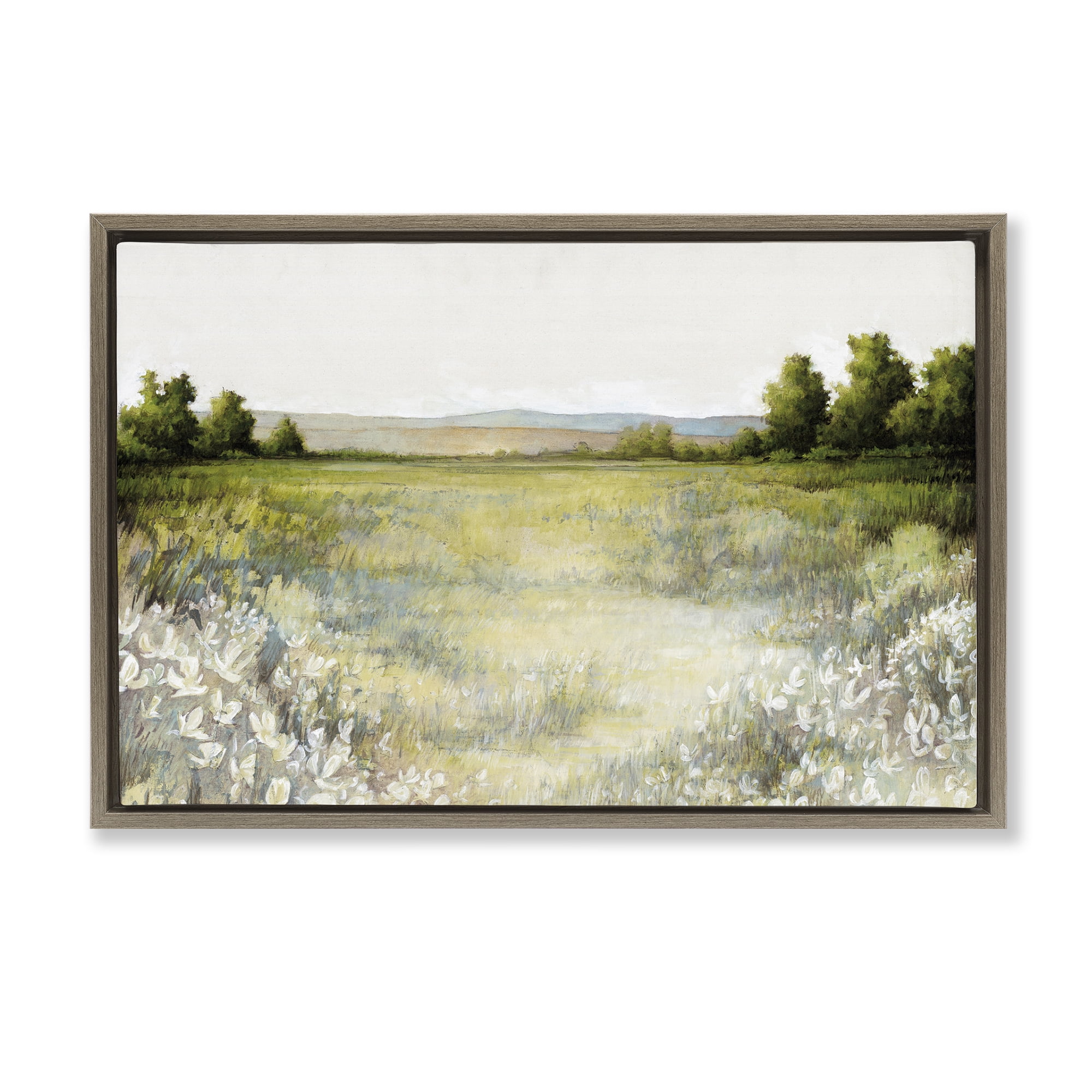 Stupell Industries White Flowers Meadow Landscape & Nature Painting Brown Floater Framed Canvas Art Print Wall Art, 25 x 17