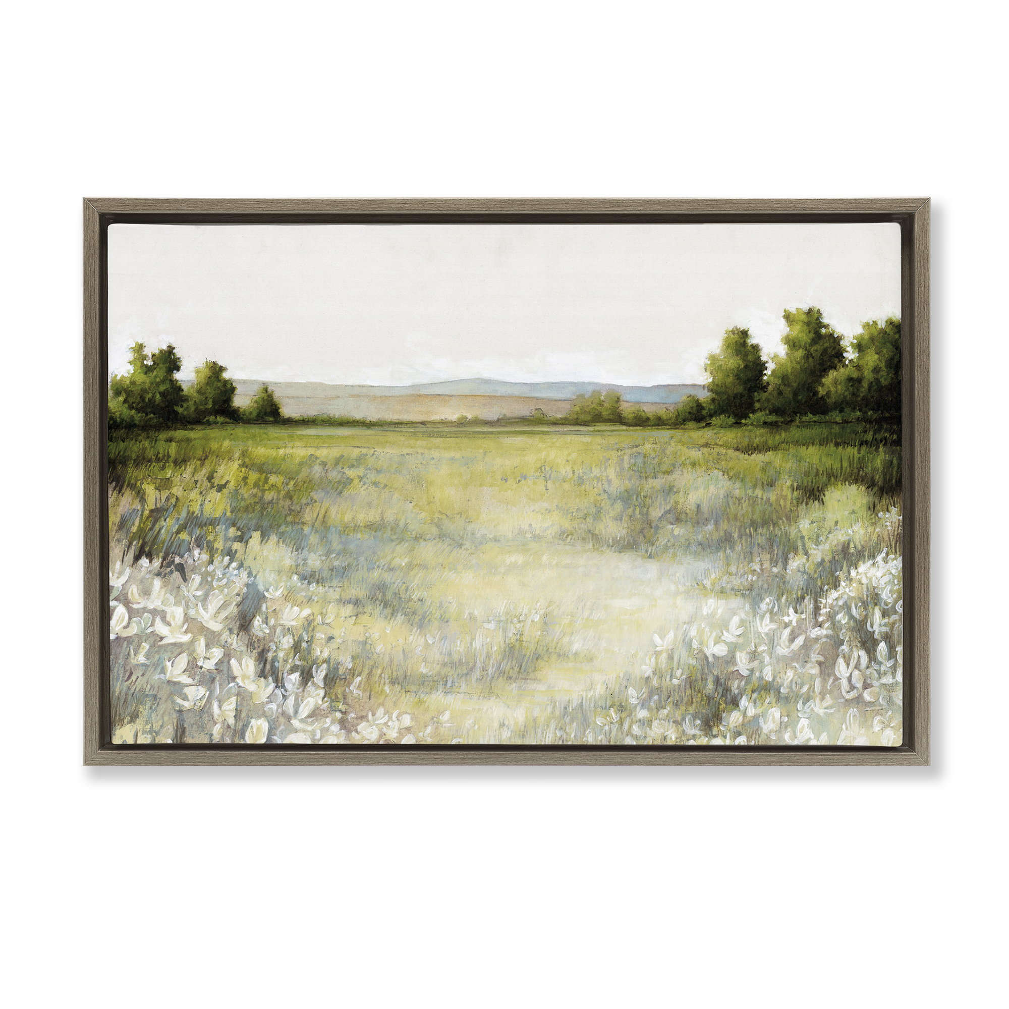 Stupell Industries White Flowers Meadow Landscape & Nature Painting Brown Floater Framed Canvas Art Print Wall Art, 31 x 21