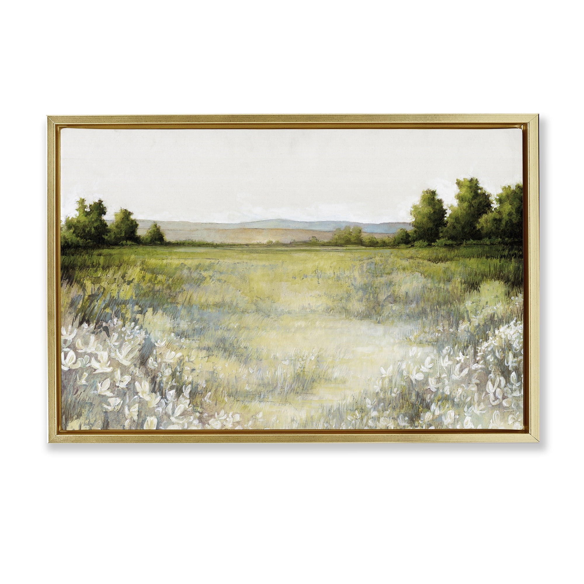 Stupell Industries White Flowers Meadow Landscape & Nature Painting Gold Floater Framed Canvas Art Print Wall Art, 25 x 17