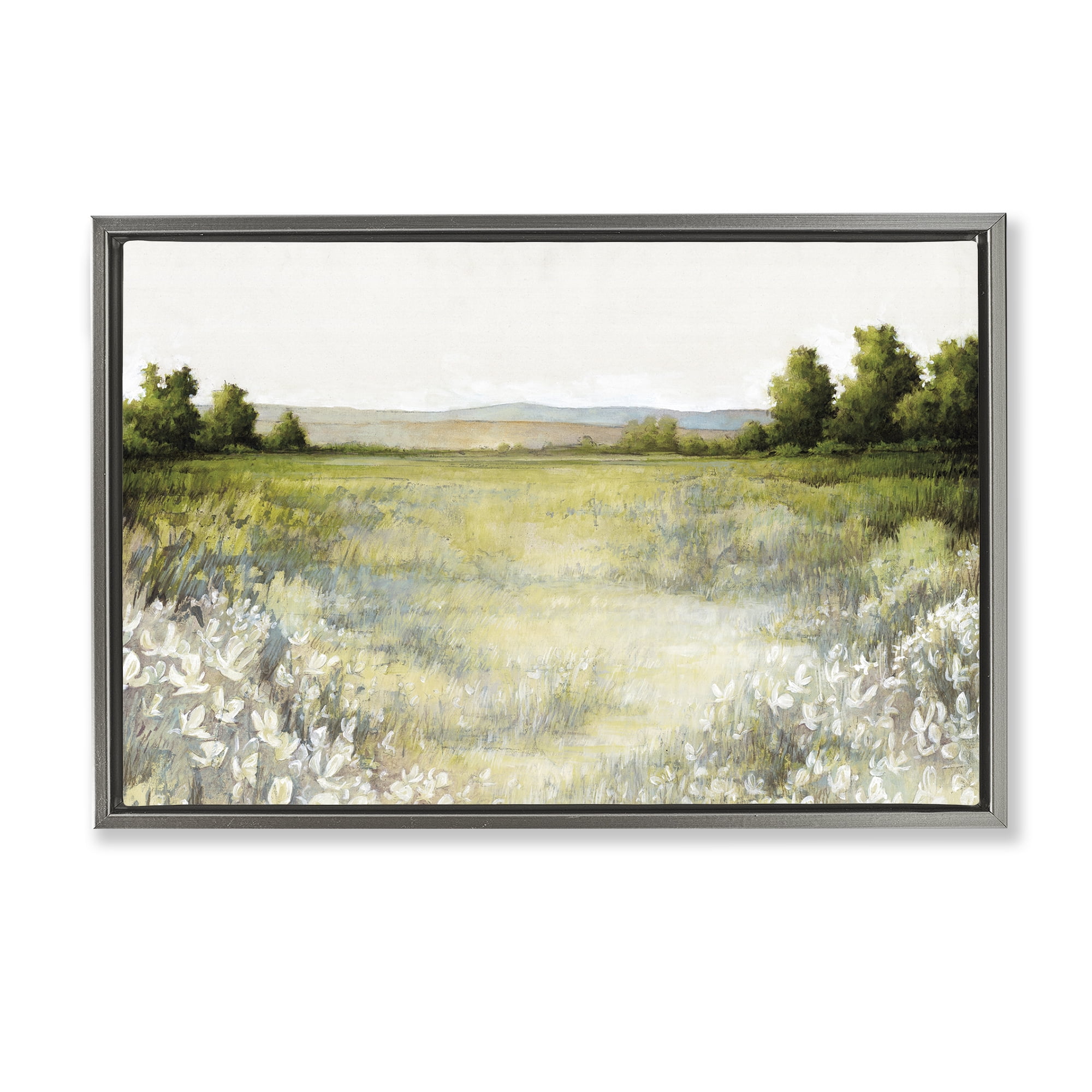 Stupell Industries White Flowers Meadow Landscape & Nature Painting Gray Floater Framed Canvas Art Print Wall Art, 31 x 21