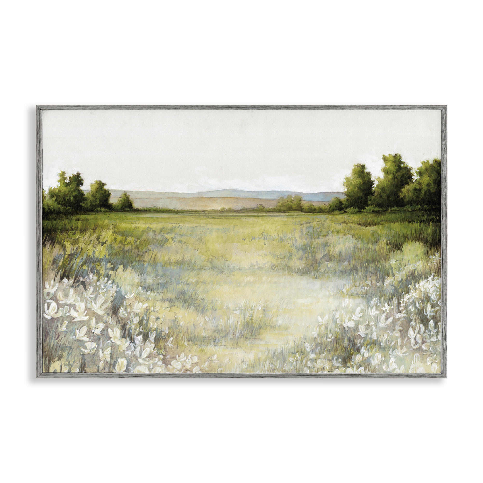 Stupell Industries White Flowers Meadow Landscape & Nature Painting Gray Framed Art Print Wall Art, 30 x 20