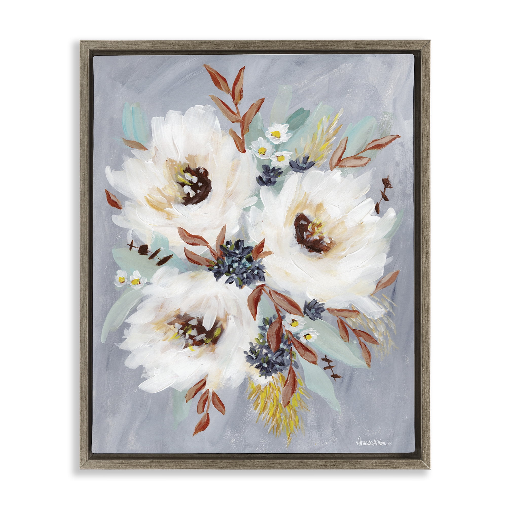 Stupell Industries White Flowers Trio Botanical & Floral Painting Brown Floater Framed Art Print Wall Art, 25 x 31