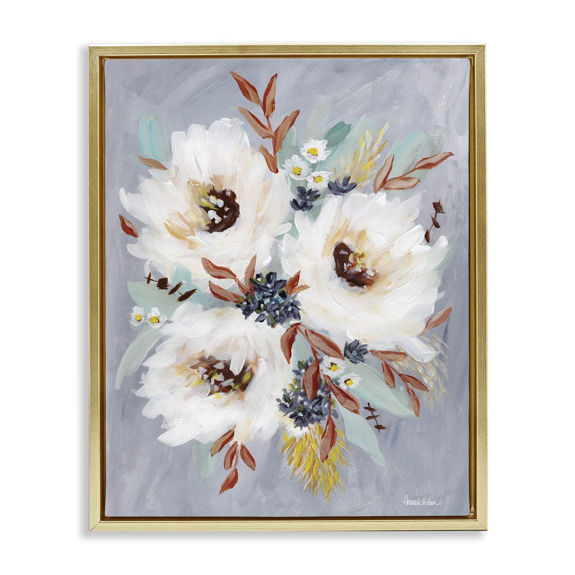 Stupell Industries White Flowers Trio Botanical & Floral Painting Gold Floater Framed Art Print Wall Art, 25 x 31