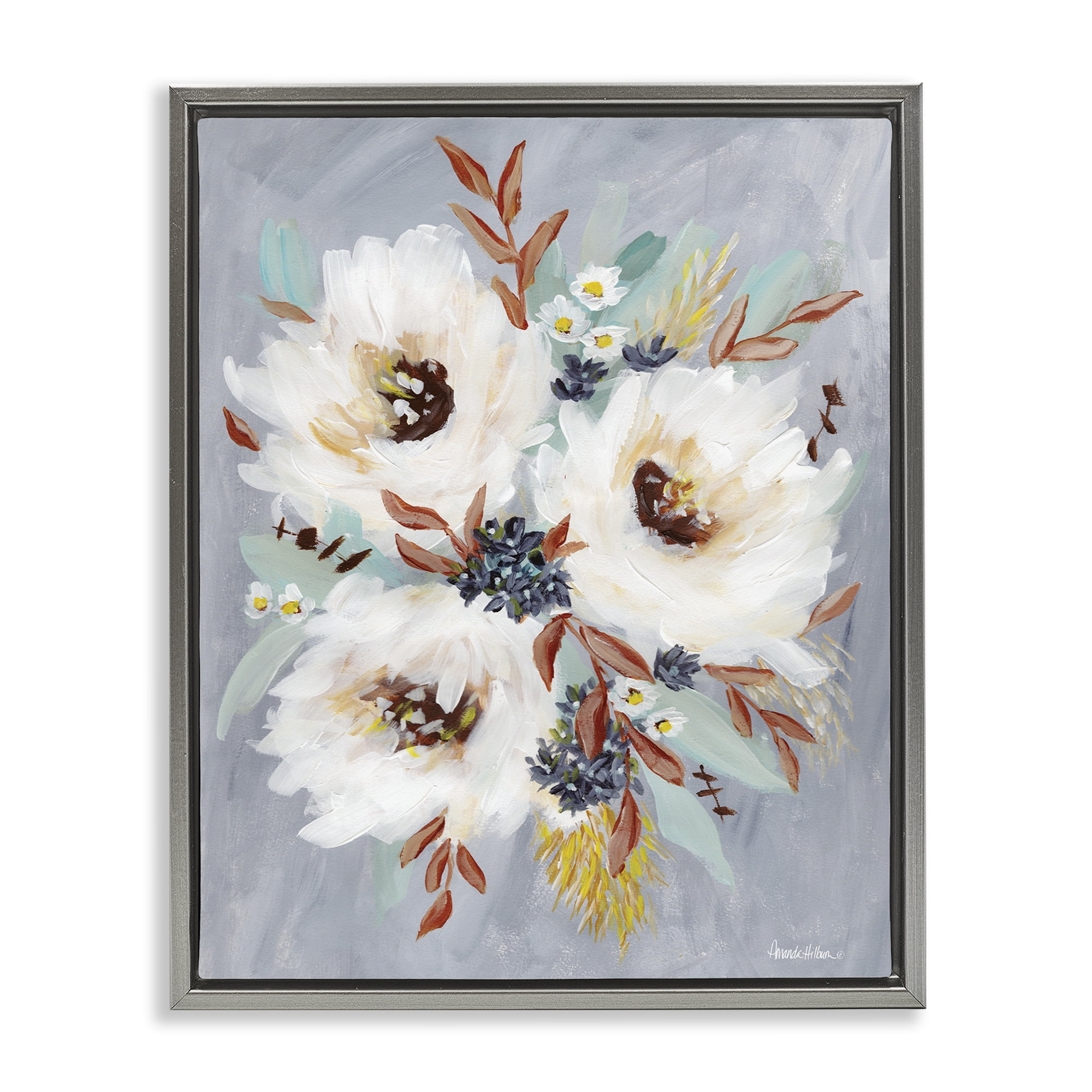 Stupell Industries White Flowers Trio Botanical & Floral Painting Gray Floater Framed Art Print Wall Art, 25 x 31