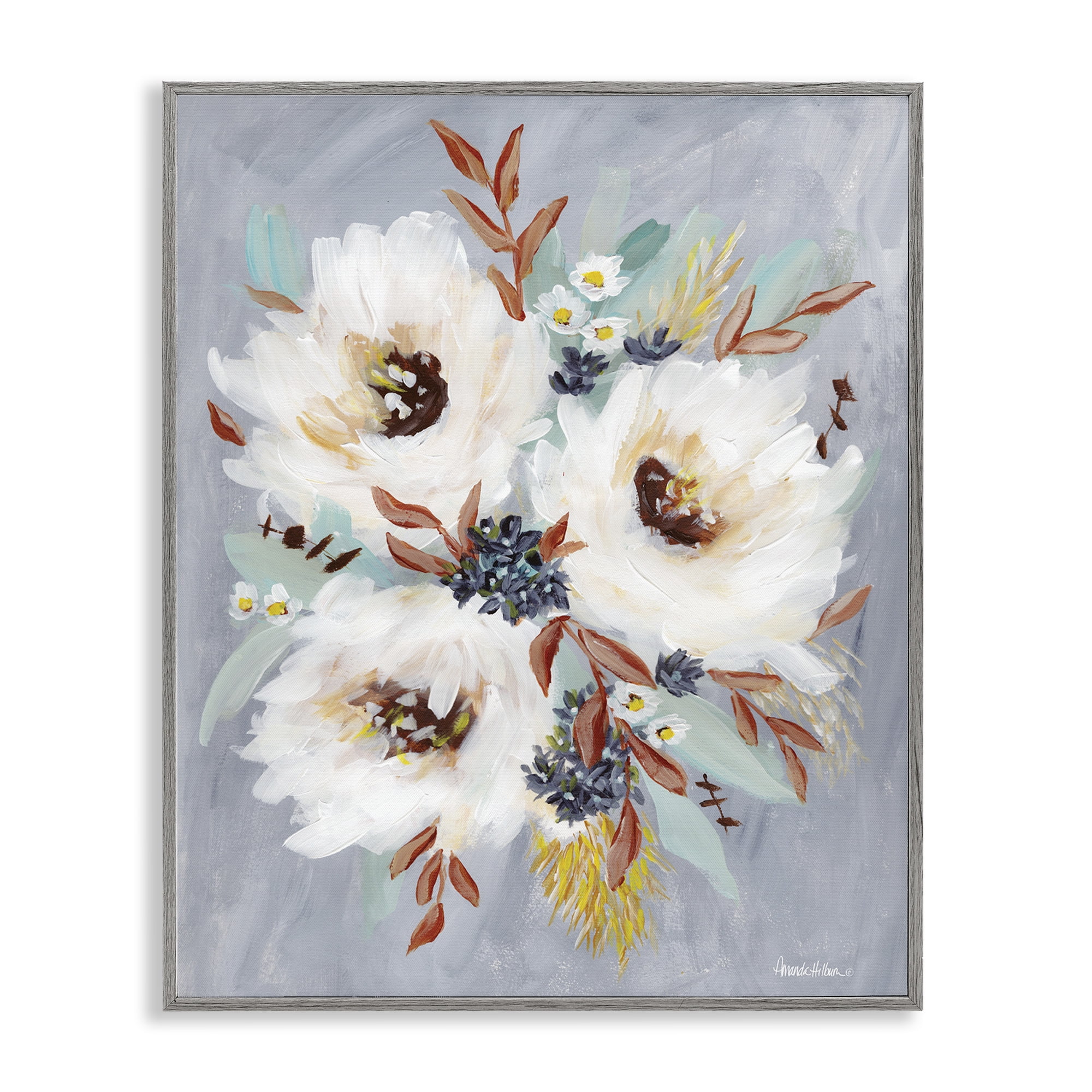 Stupell Industries White Flowers Trio Botanical & Floral Painting Gray Framed Art Print Wall Art, 16 x 20