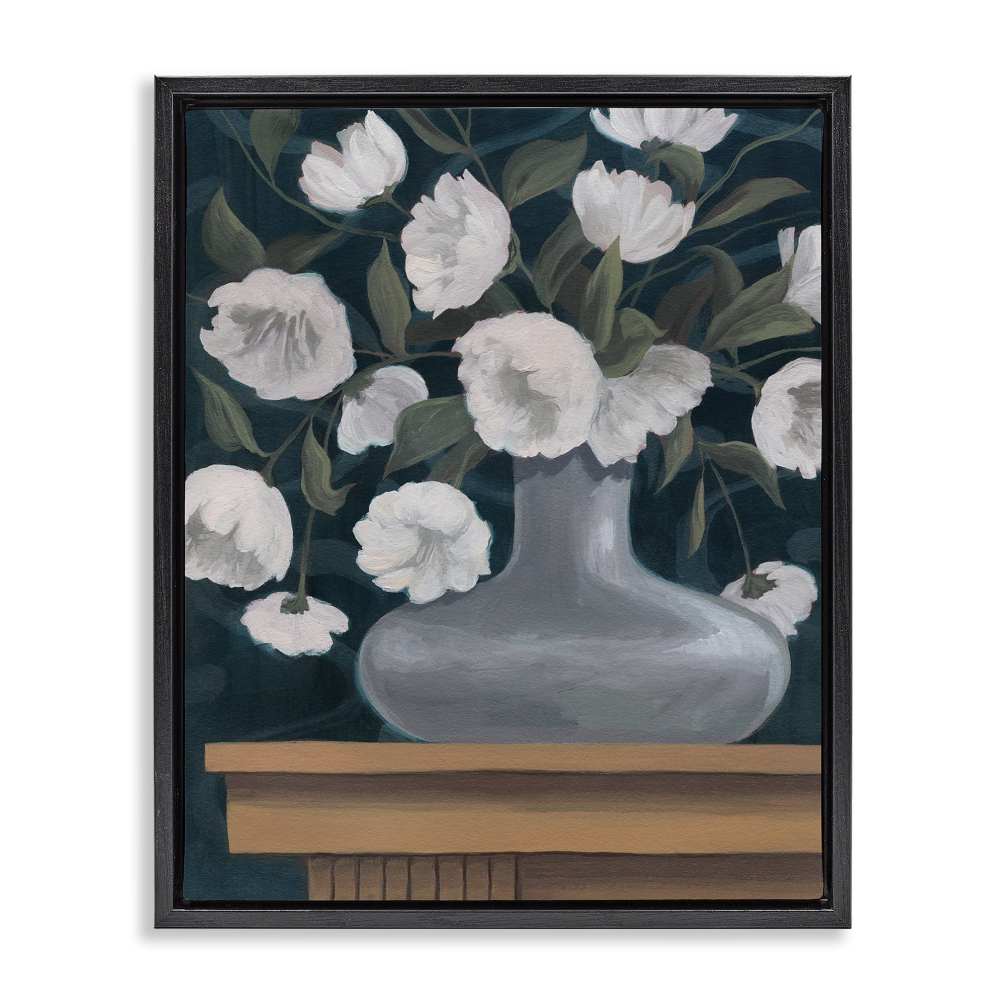 Stupell Industries White Flowers in Round Vase Plants & Flowers Painting Black Floater Framed Canvas Art Print Wall Art, 25 x 31