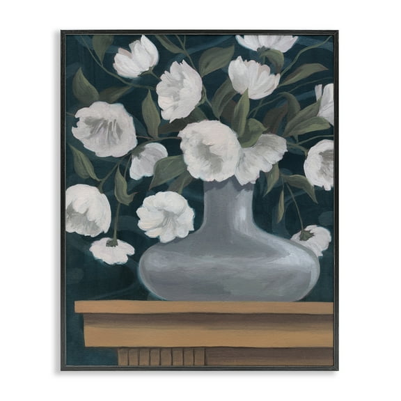 Stupell Industries White Flowers in Round Vase Plants & Flowers Painting Black Framed Art Print Wall Art, 11 x 14