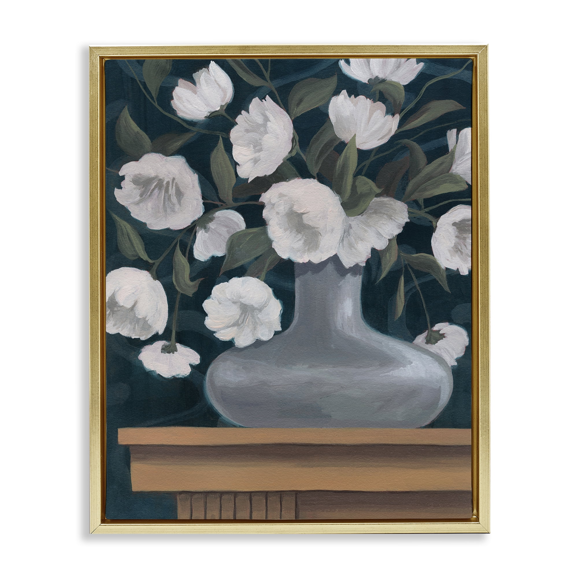 Stupell Industries White Flowers in Round Vase Plants & Flowers Painting Gold Floater Framed Canvas Art Print Wall Art, 17 x 21
