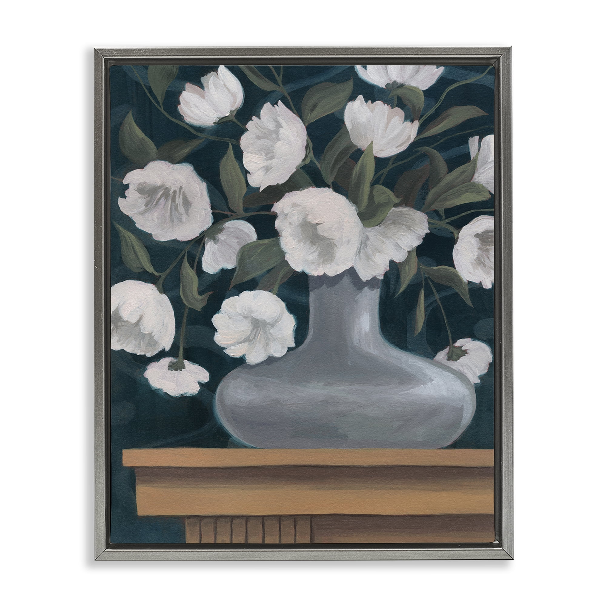 Stupell Industries White Flowers in Round Vase Plants & Flowers Painting Gray Floater Framed Canvas Art Print Wall Art, 17 x 21