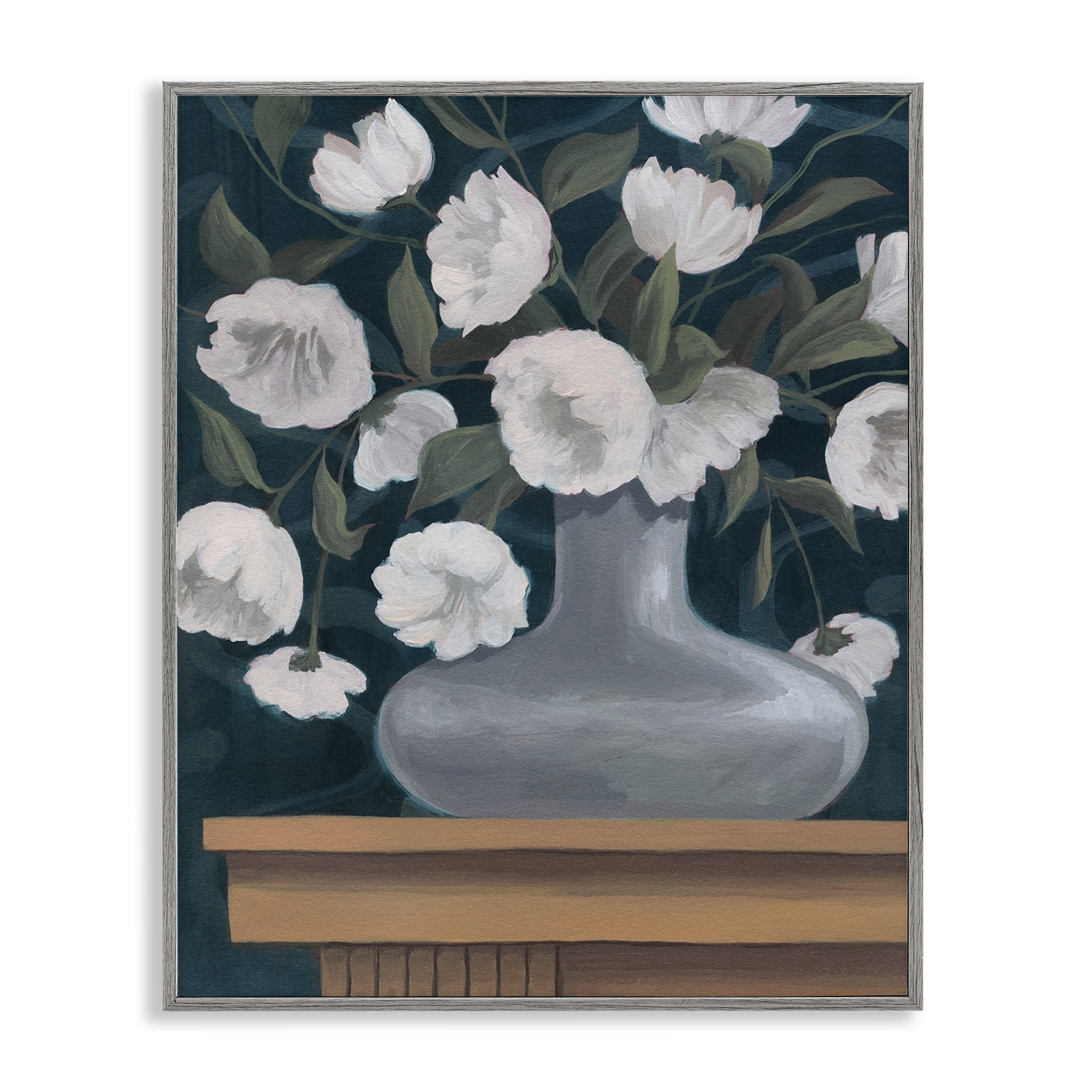 Stupell Industries White Flowers in Round Vase Plants & Flowers Painting Gray Framed Art Print Wall Art, 16 x 20
