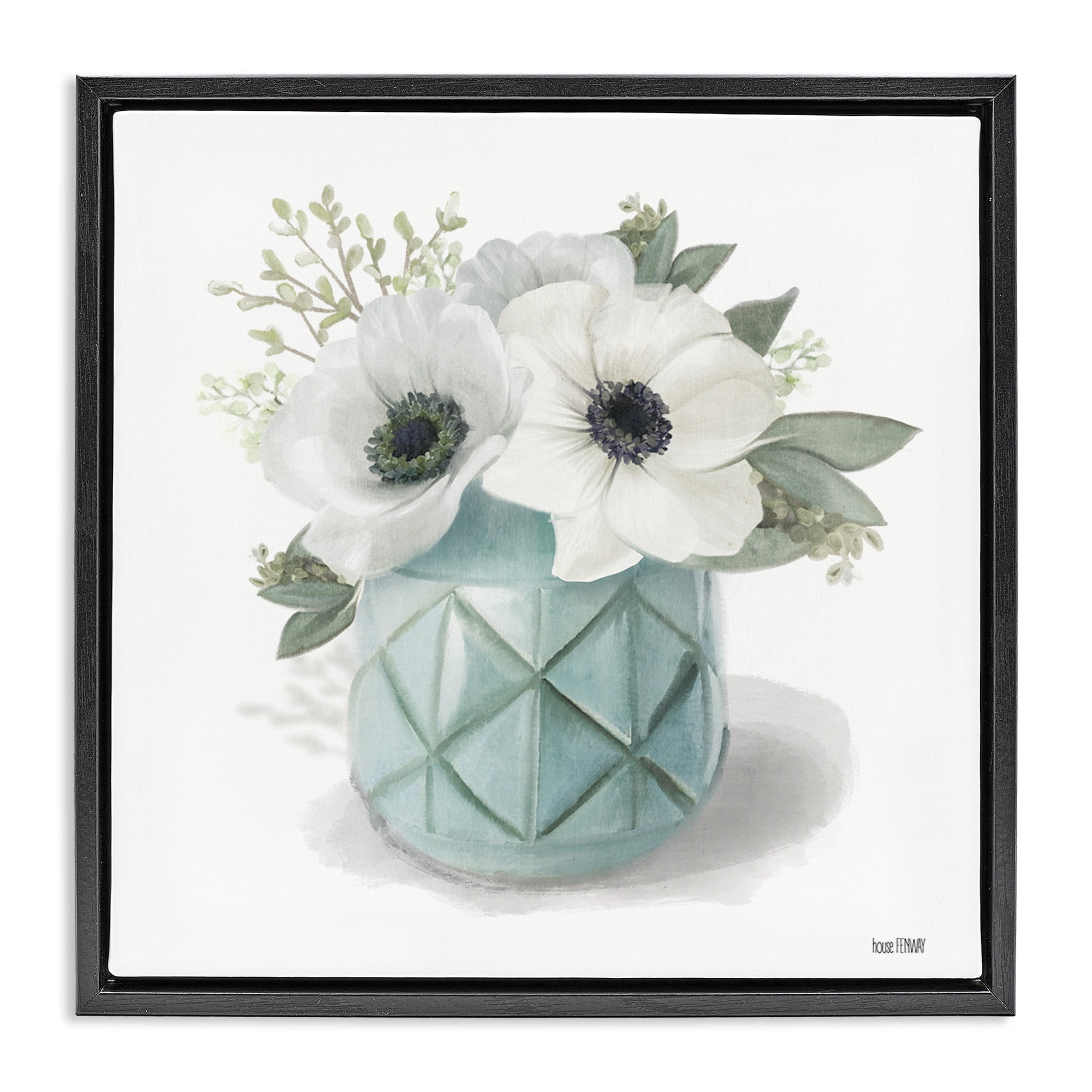 Stupell Industries White Flowers in Turquoise Vase Botanical & Floral Painting Black Floater Framed Canvas Art Print Wall Art, 25 x 25