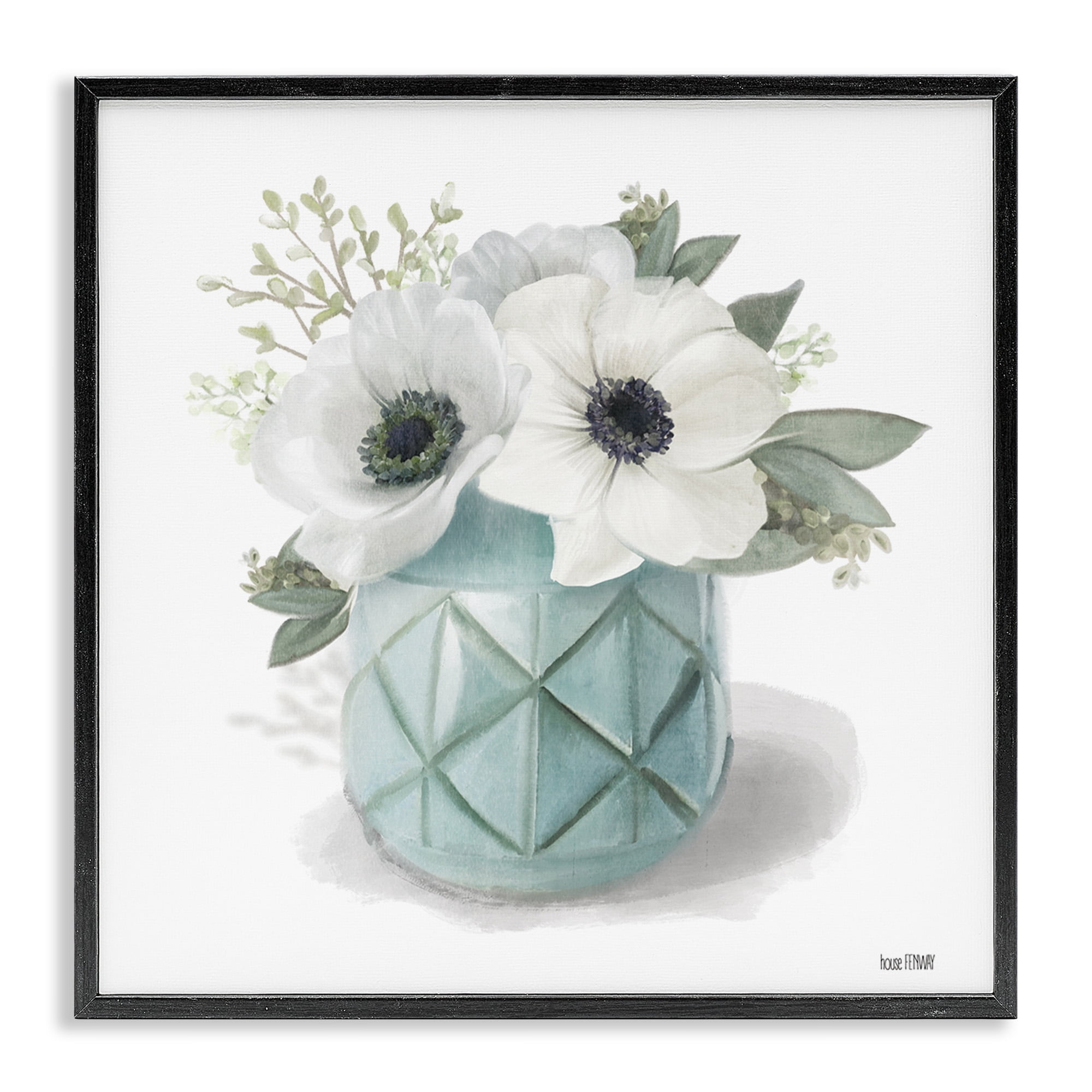 Stupell Industries White Flowers in Turquoise Vase Botanical & Floral Painting Black Framed Art Print Wall Art, 17 x 17