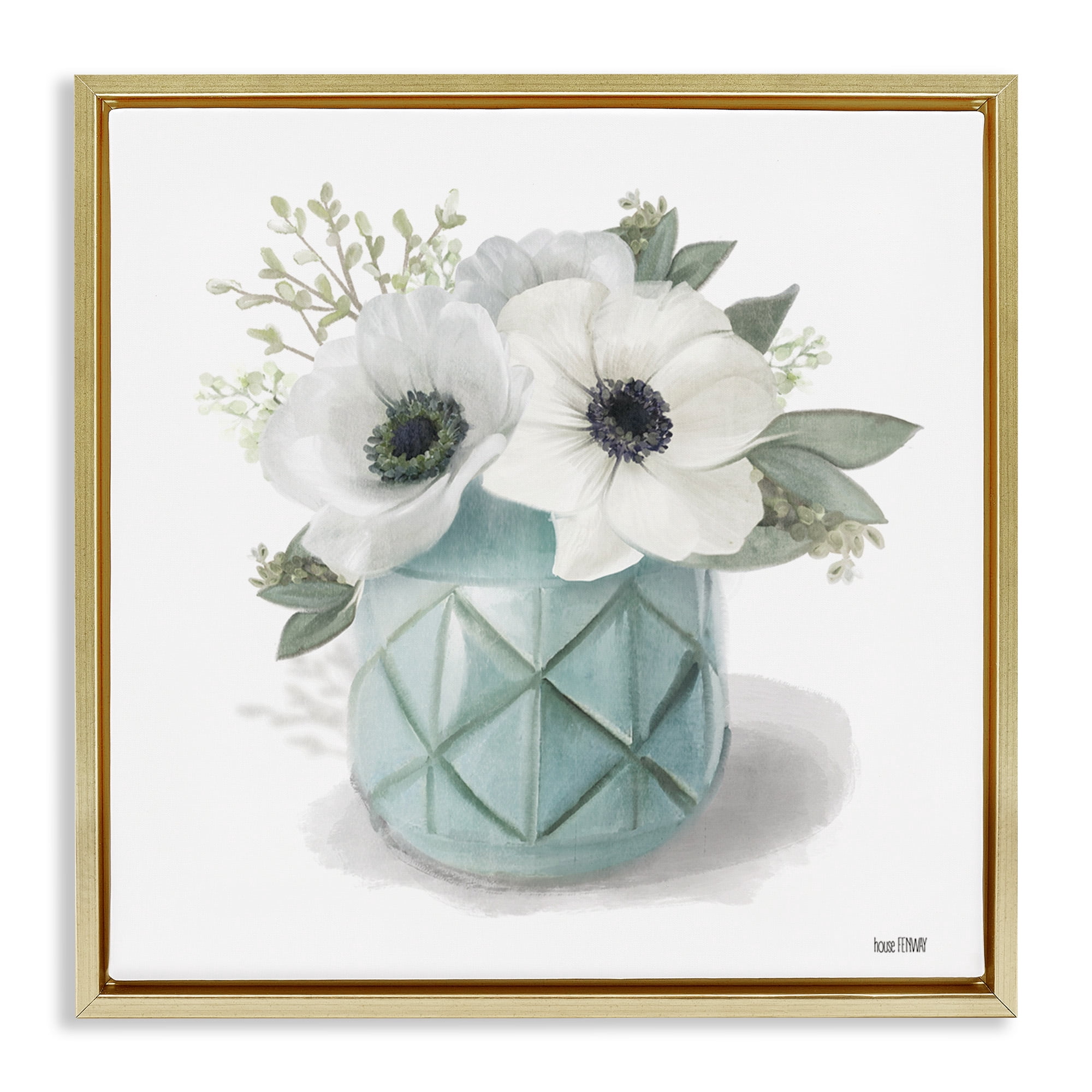 Stupell Industries White Flowers in Turquoise Vase Botanical & Floral Painting Gold Floater Framed Canvas Art Print Wall Art, 25 x 25