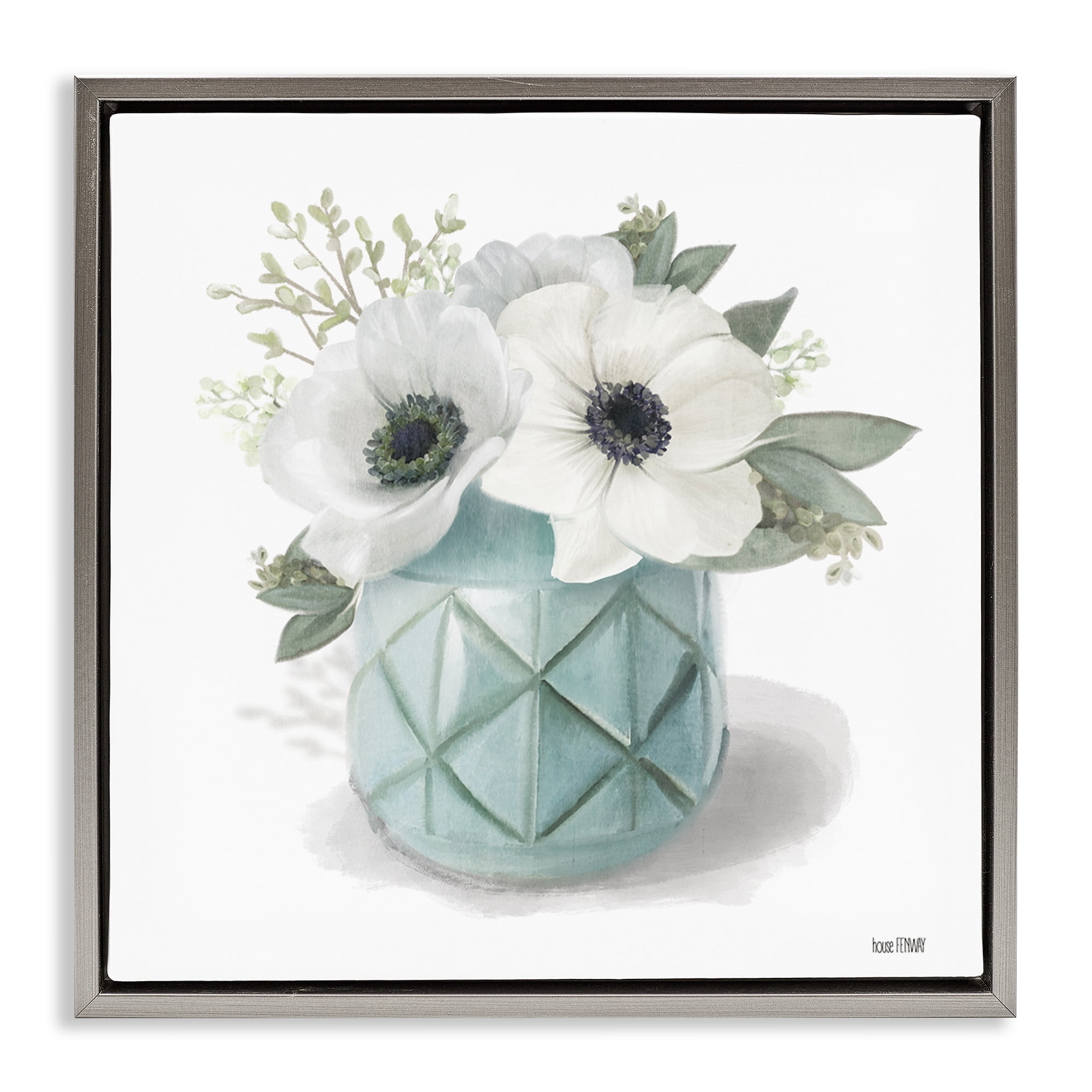 Stupell Industries White Flowers in Turquoise Vase Botanical & Floral Painting Gray Floater Framed Canvas Art Print Wall Art, 18 x 18